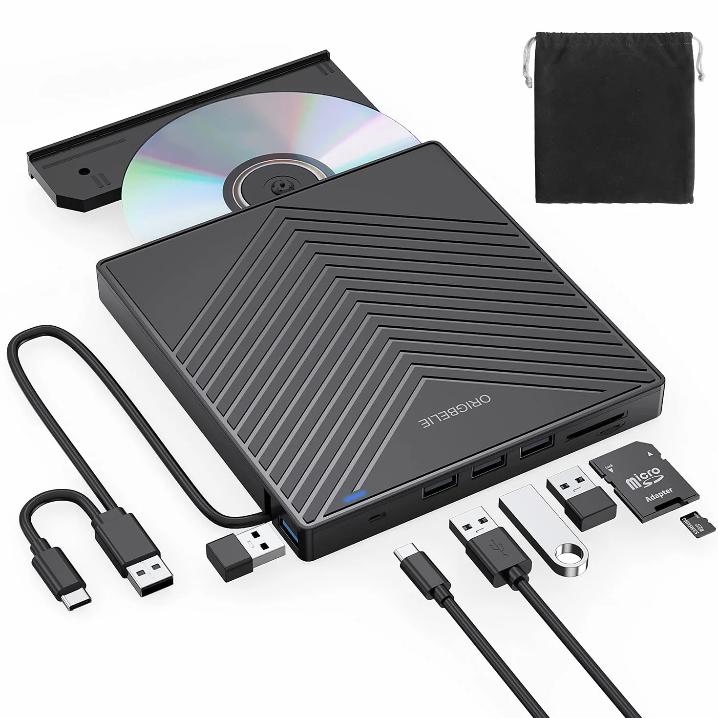 ORIGBELIE Masterizzatore DVD CD Esterno, Lettore CD DVD Esterno USB 3.0 con 2 Lettore di Schede TF/SD, Unità CD/DVD per Laptop