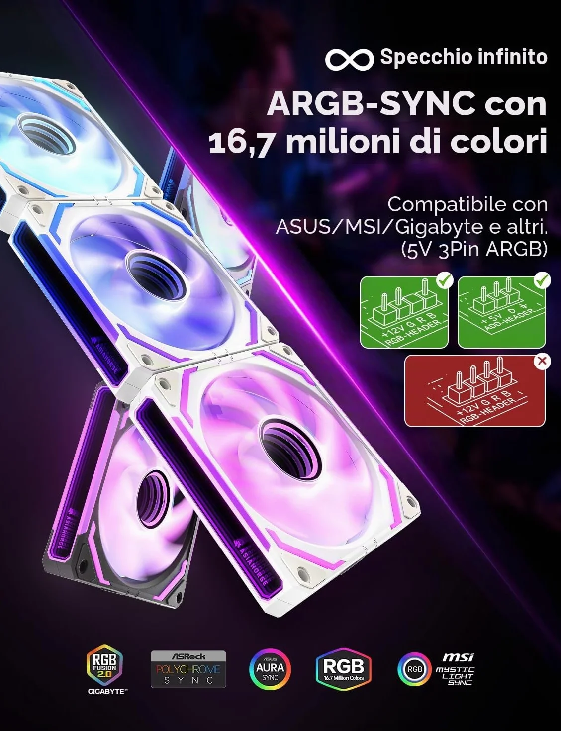 AsiaHorse COSMIQ - Ventola per PC RGB da 120 mm, 3 pezzi, ARGB Daisy Chain PC Ventola [Infinity Mirror] [FDB] 2000 RPM/68,5 CFM/24 LEDS 4 pin PWN & 5V 3Pin ARGB con controller. Bianco