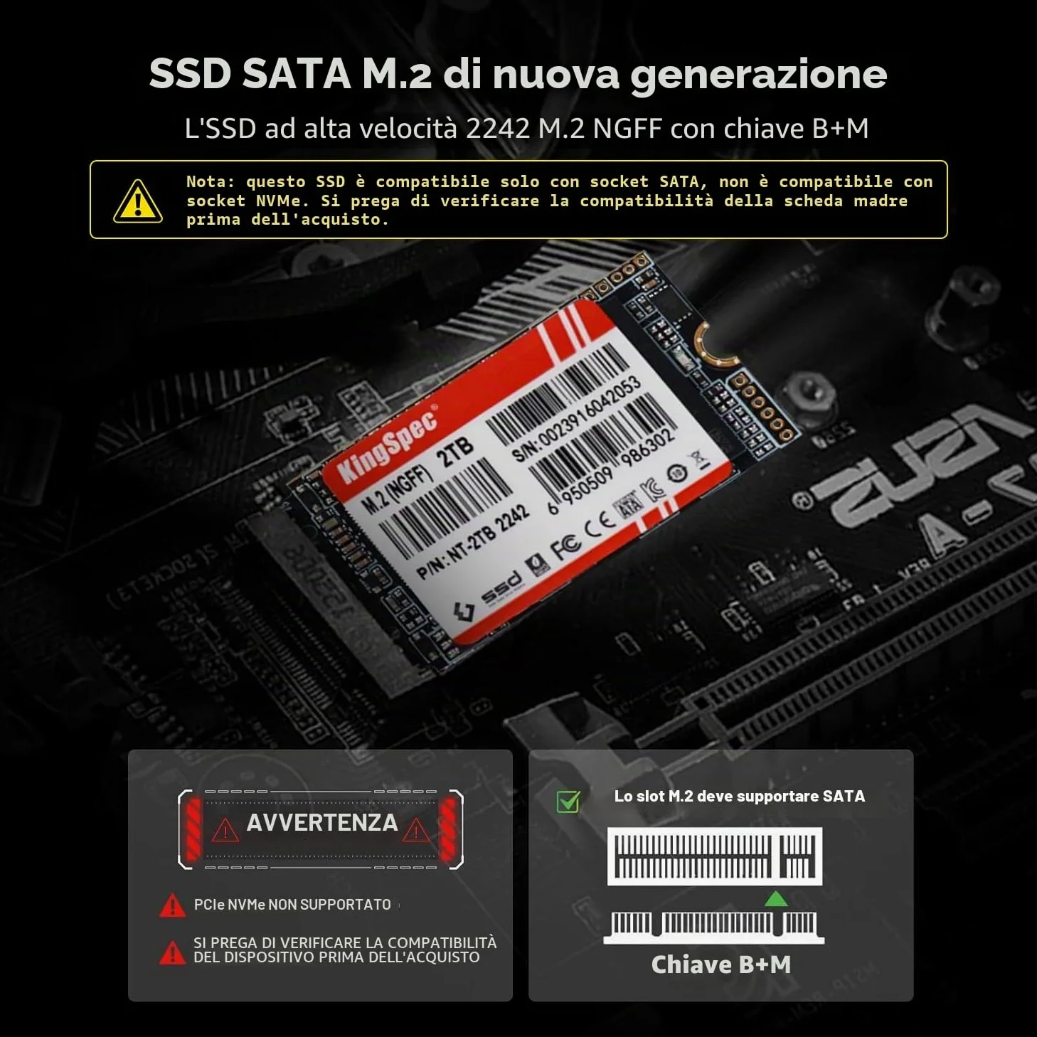 KingSpec SSD M.2 2242 SATA III da 512 GB, non per slot NVMe | SATA3 6Gb/s, chiave B+M, fino a 550MB/s, unità a stato solido interne per aggiornamenti di computer portatili/desktop