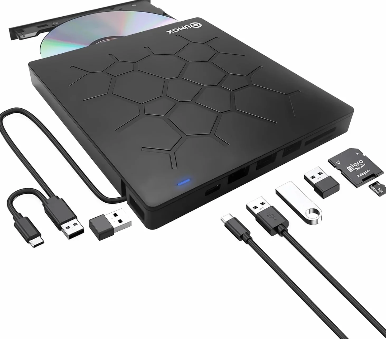 QUMOX Masterizzatore Esterno DVD/CD USB 3.0, Lettore CD/DVD con 4 Porte USB e Lettore Schede TF/SD, Compatibile con Windows/Mac/Linux