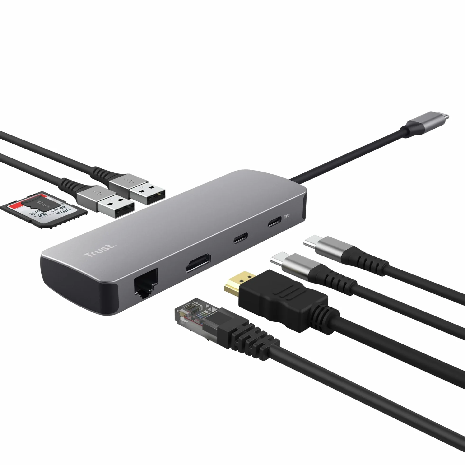 Trust Vylor Hub USB C 8-in-1 Adattatore HDMI 4K@60Hz, Gigabit Ethernet, Lettore di Schede MicroSD/SD, USB-C USB-A, Porta di Ricarica 100W, Docking Station PC Computer Portatili Dell HP MacBook