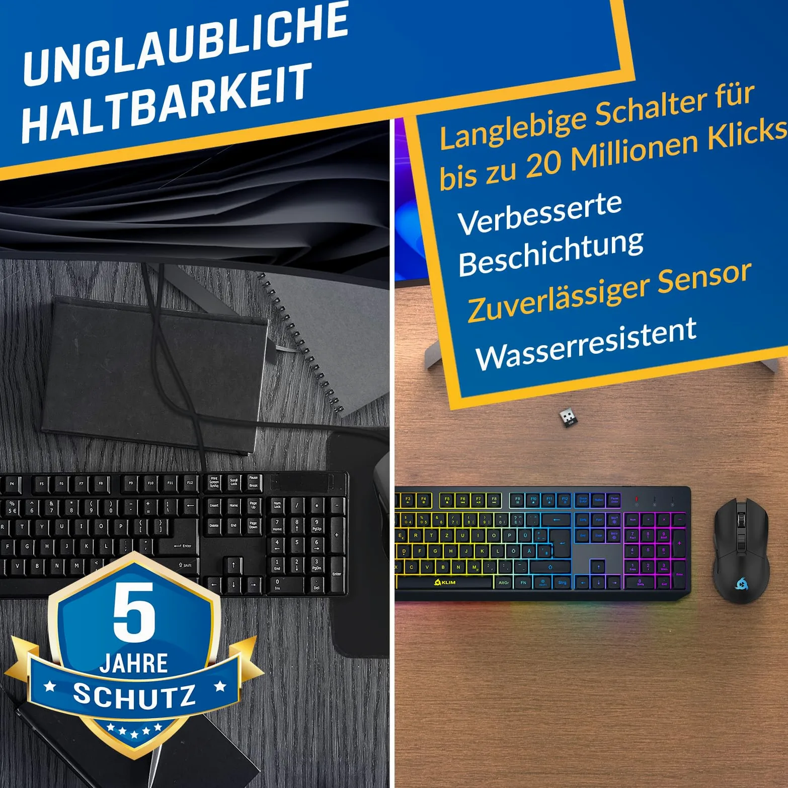 KLIM Blaze & Chroma - Set tastiera senza fili QWERTZ piatto, ergonomico, tastiera per mouse per PC, batteria integrata e durevole