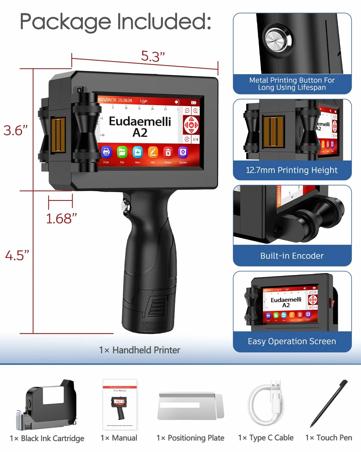 A2 Stampante Palmare Portatile,Stampante a Getto D'inchiostro con Touch Screen da 4,3 Pollici per Logo/Immagine/Data di Produzione/Numeri/Lotto/Codice QR/Codice a Barre(Altezza di stampa 2-25,4 mm)
