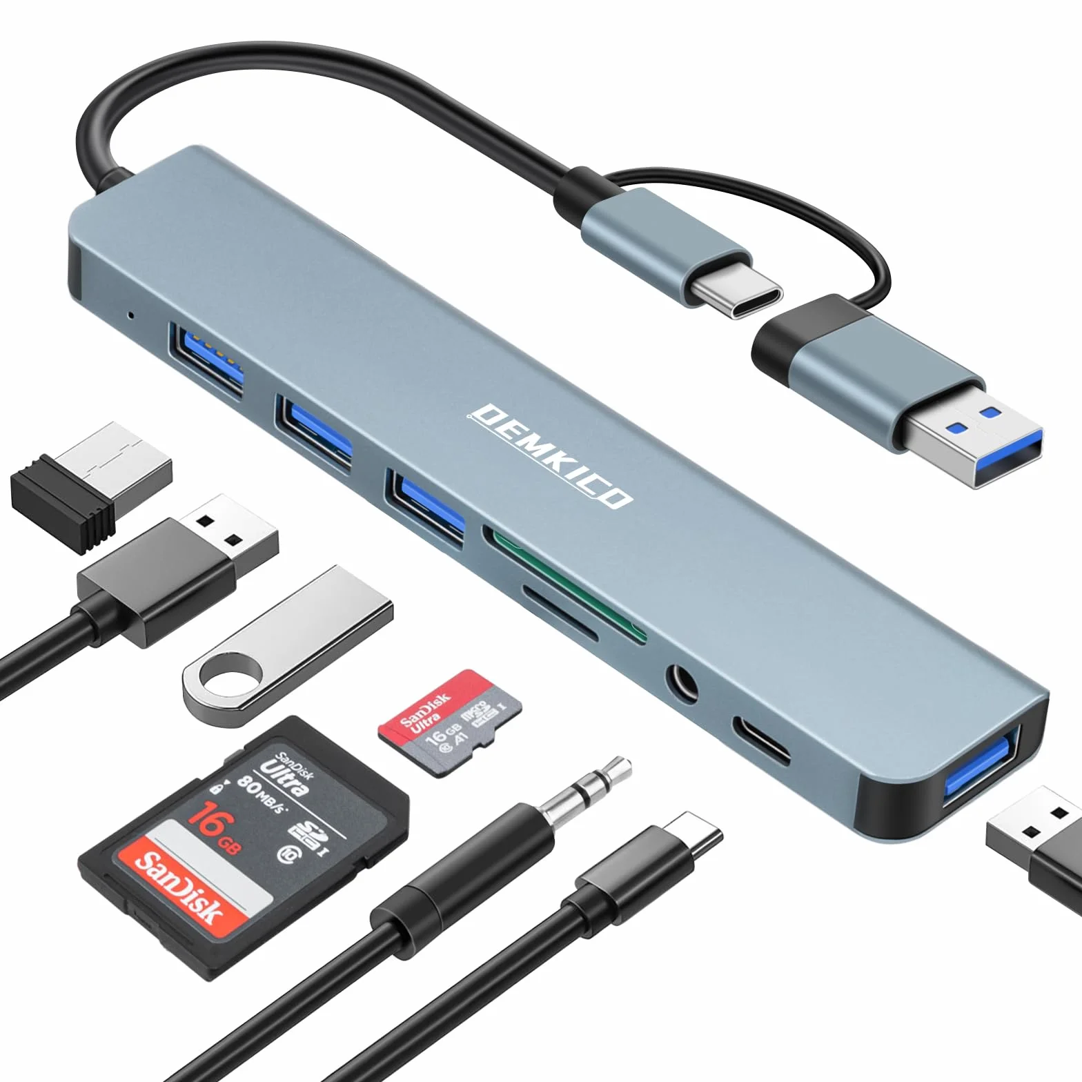 DEMKICO 8 in 1 Hub USB C con 4 Porte USB, Lettore Schede SD/TF, Jack Cuffie 3,5 mm, Porta Dati USB C, Compatibile con MacBook Pro/Air/XPS/Tablet/Smartphone e altro ancora (Grigio)