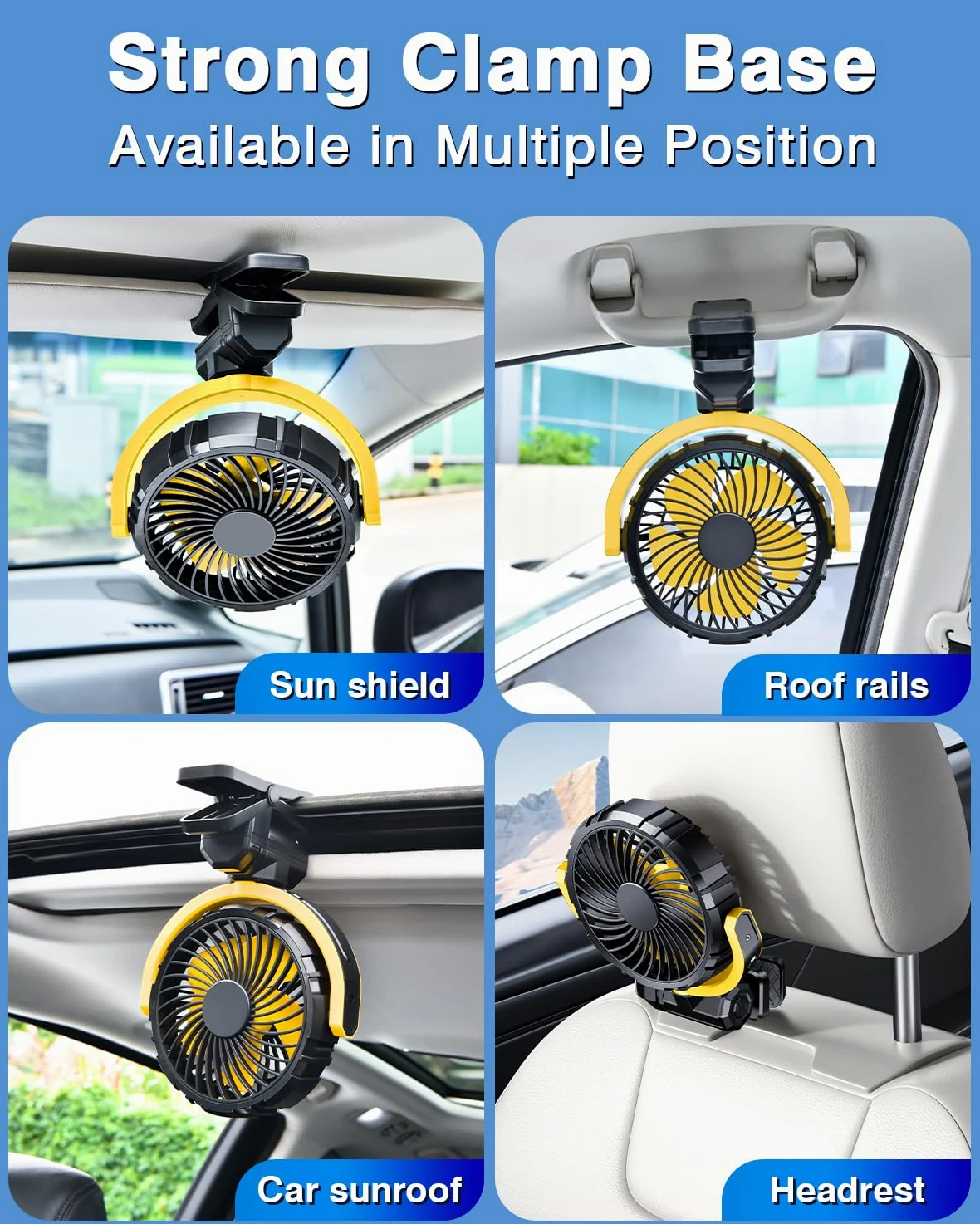Ventilatore per auto, 5 V, USB, piccolo ventilatore parasole per sedile anteriore/posteriore, alimentato a batteria ricaricabile da 2000 mAh, silenzioso, ventola di raffreddamento personale che