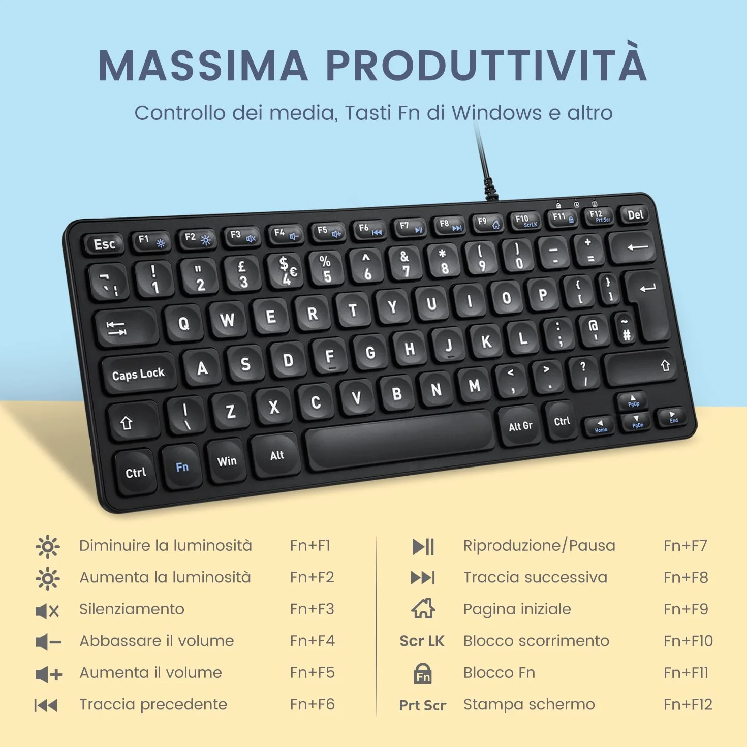 Perixx PERIBOARD-432 Mini tastiera cablata USB - Tasti a forbice tipo X -a stampa grande - Layout Italiano