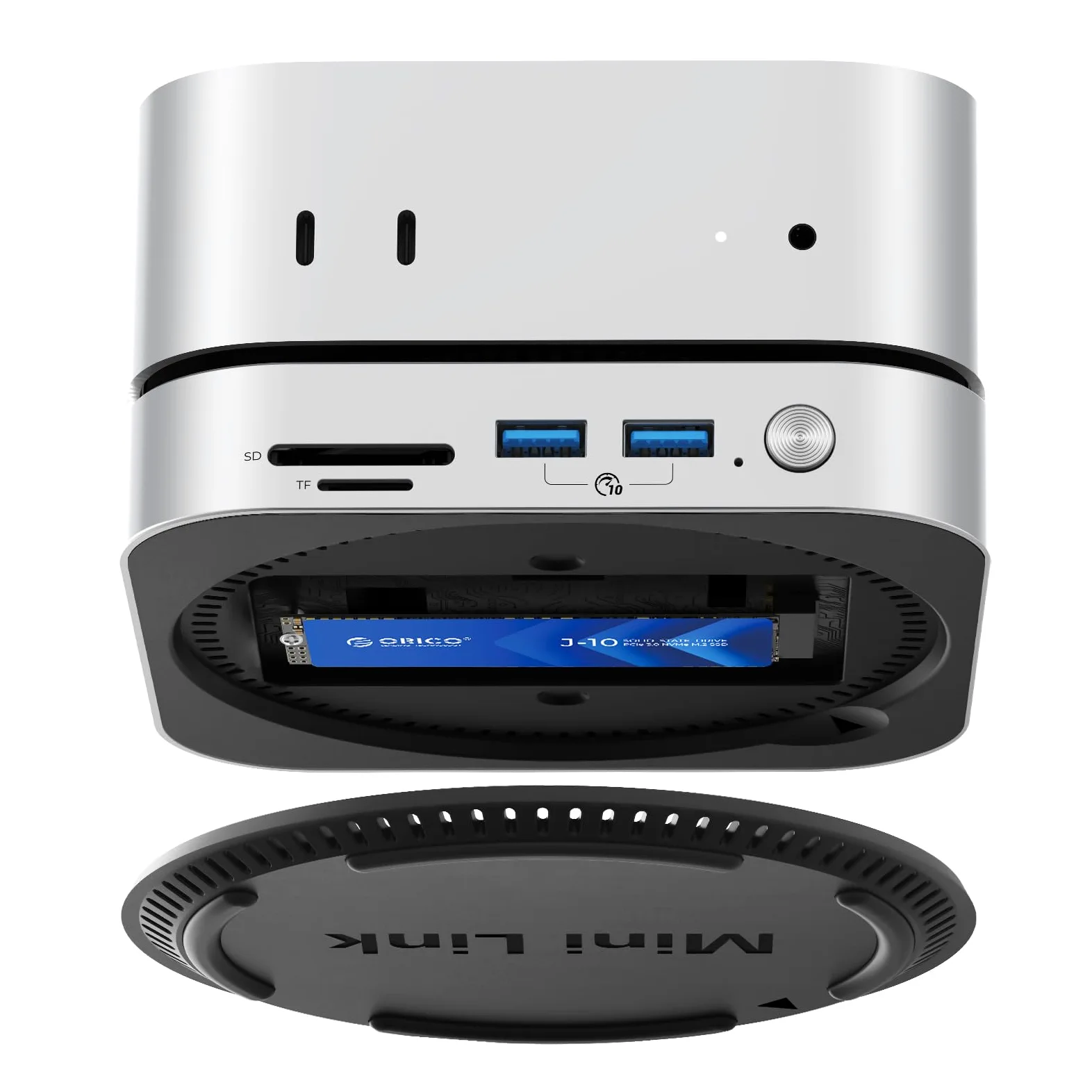 Dock e Supporto ORICO MiniLink per Mac mini M4, Hub USB C in Alluminio con Custodia SSD per M.2 NVMe/SATA, 2 porte USB 3.2 a 10Gbps, SD/TF 3.0, Dock Argento per Mac mini M4 / M4 Pro - M49P