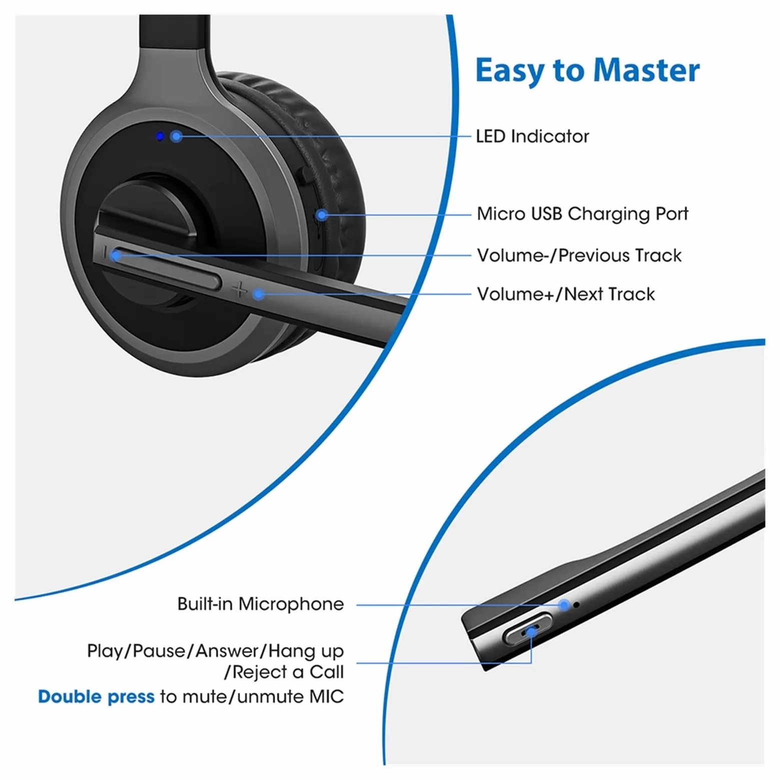 Telefono Het Cuffie Bluetooth 5.0 con microfono Base di ricarica Wireless Het for PC Laptop Call Center Office 18H Talking Time Office Phone Het (Color : Black with Silver Size : U) little surprise