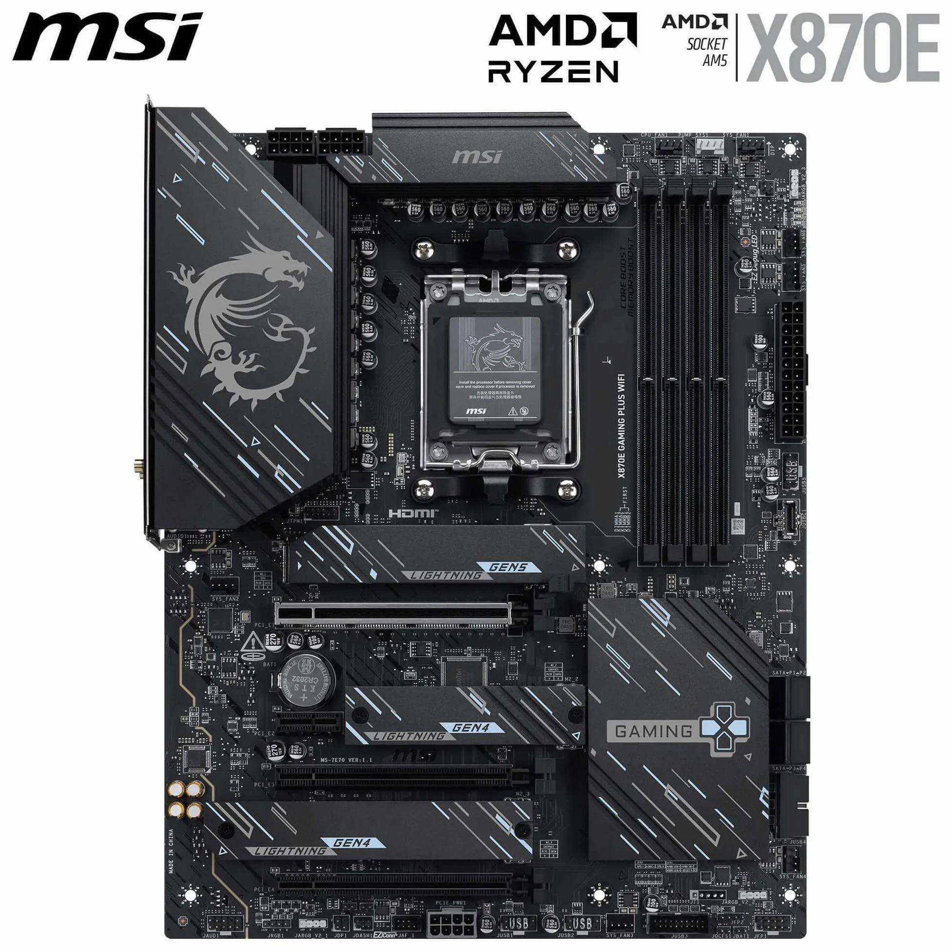 MSI Scheda madre X870E Gaming Plus WiFi, ATX - Supporta processori AMD Ryzen 9000/8000/7000, AM5-60A SPS VRM, DDR5 Memory Boost 8200+ MT/s (OC), PCIe 5.0 x16 e 4.0 x4, M.2 Gen5, Wi-Fi 7, 5G LAN