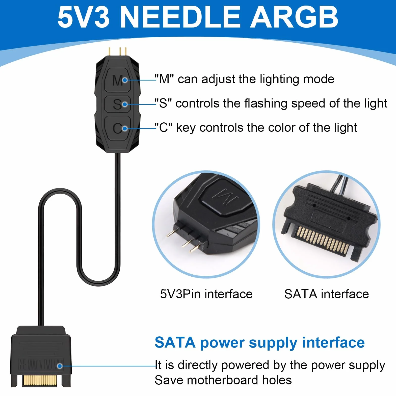 argb Controller con telecomando, controller da 5 V a 3 pin, alimentato da SATA, 14 chiavi per effetti di illuminazione RGB, adatto per ventole e strisce luminose, con cavo splitter da 1 a 3