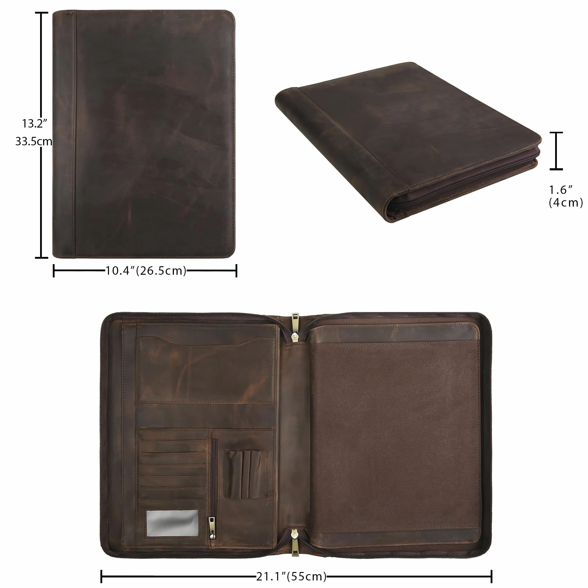 Portadocumenti fatto a mano in vera pelle per iPad/documenti, business padfolio con porta blocco note in pelle A4, cartella compatta in pelle per conferenze per uomini e donne, cachi scuro