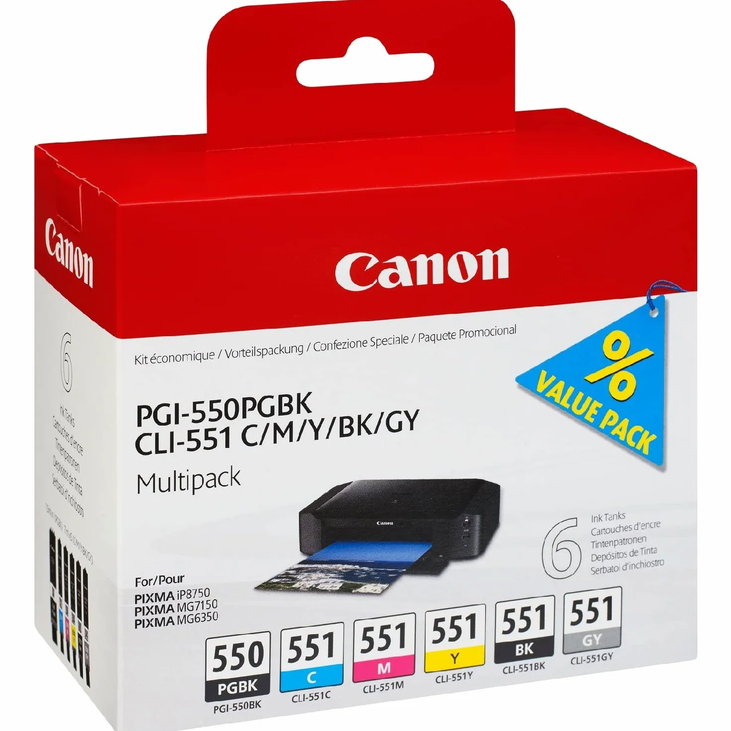 Canon PGI-550/CLI-551 PGBK/C/M/Y/BK/GY, Serbatoi Inchiostro, Multipack