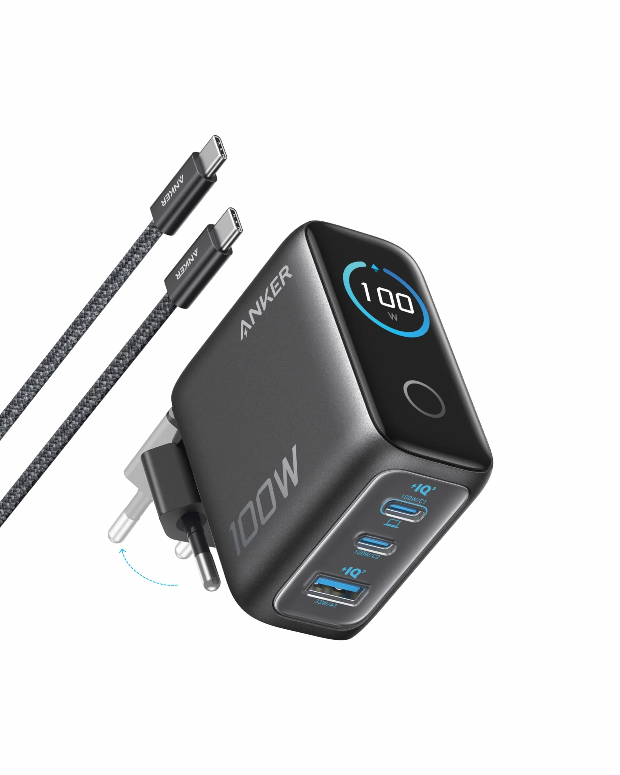 Anker Nano Caricatore USB C 100W, GaN a 3 Porte e Ultra Compatto, Display Intelligente e Controllo Touch, per iPhone 17 Pro Max/16/15, Samsung S25 Ultra, MacBook Air/Pro, e Altri (USB C Cavo Iincluso)
