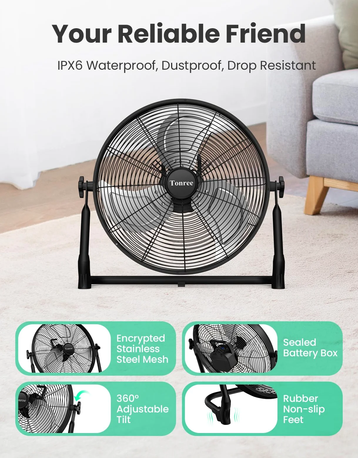 Ventilatore da pavimento portatile da 45,7 cm, a batteria, ricaricabile ad alta velocità, ricarica USB per telefono, durata 12-60 ore, silenzioso, wireless, flusso d'aria, per campeggio, casa