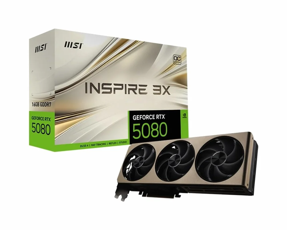 msi NVIDIA GeForce RTX 5080 16G INSPIRE 3X OC GDDR7 256bit, scheda video con frequenza di boost fino a 2655 MHz, PCIe Gen 5, DLSS 4, 3 porte DP 2.1, 1 porta HDMI 2.1, pronta per SFF
