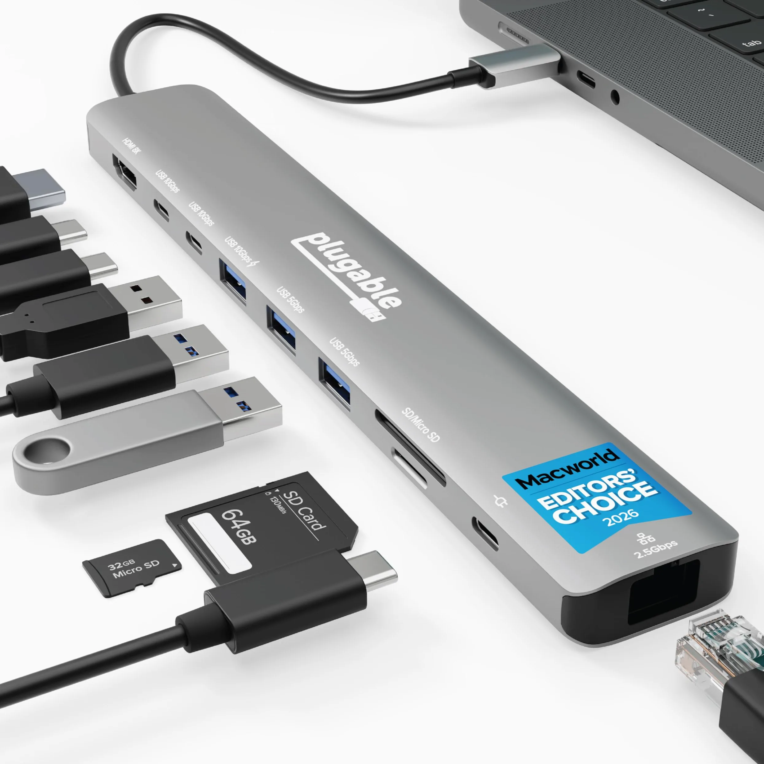 Plugable Hub USB C: adattatore multiporta 10-in-1 (8K/4K 144Hz HDMI 2.1, 2.5G Ethernet, ricarica 140W, dati 10Gbps) distribuzione IT senza driver per MacBook Pro/Air Windows Thunderbolt Chromebook