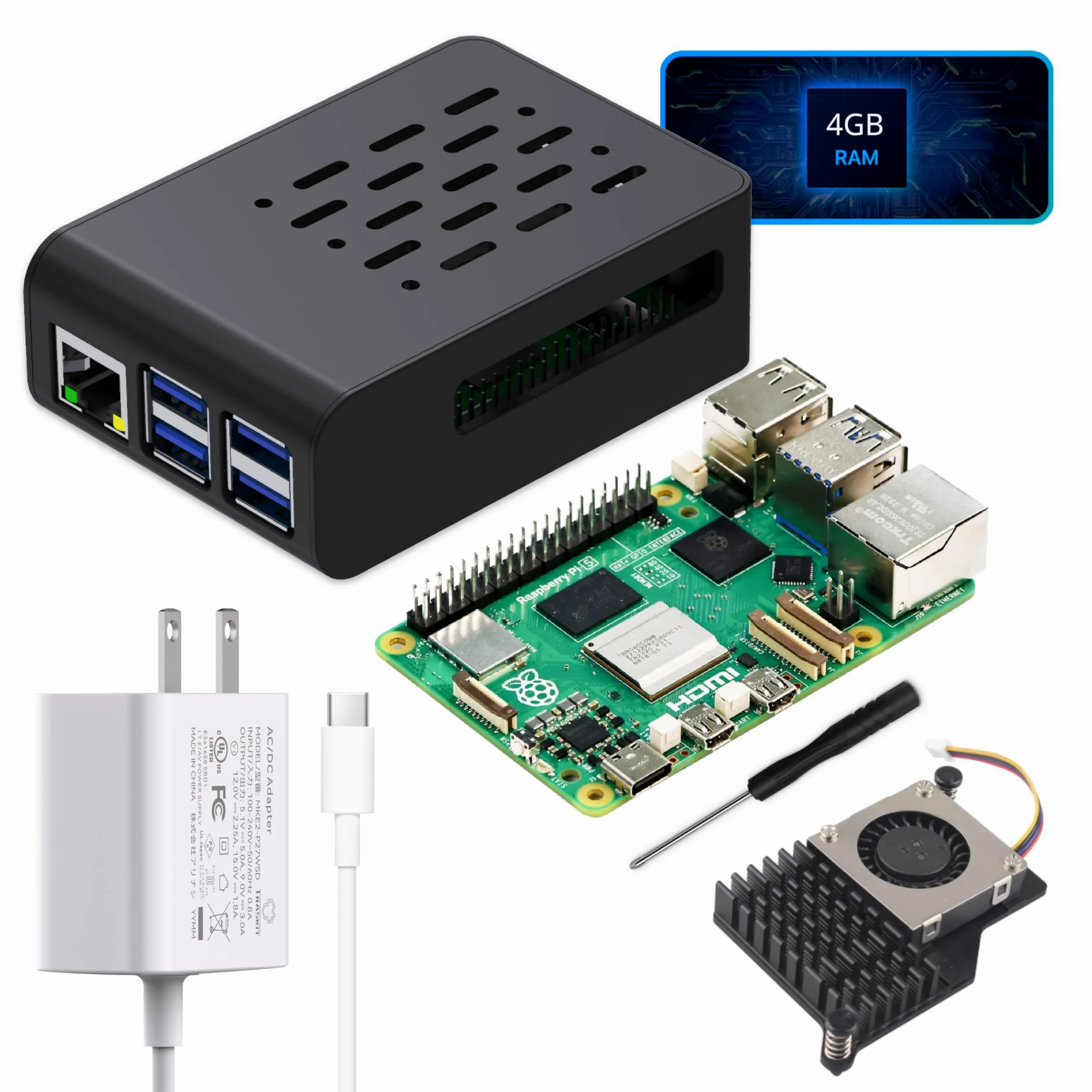 TRASKIT Kit di base per Raspberry Pi 5 4 GB di RAM, alimentatore PD da 27 W, custodia PI5, dispositivo di raffreddamento attivo e scheda singola Pi 5 da 4 GB inclusa