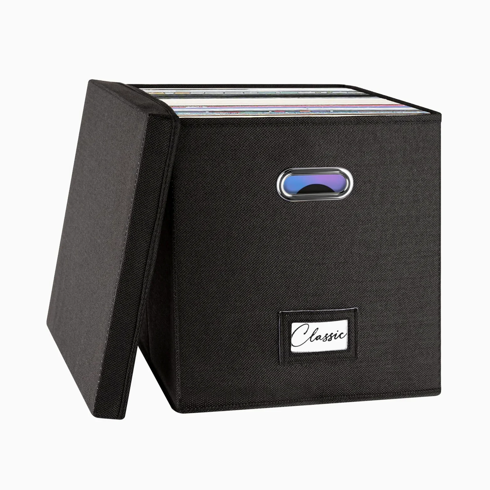 Woodoulogy Scatola nera in lino per LP in vinile, impilabile con coperchio e maniglia – Capacità 50+ dischi, organizer per album e documenti