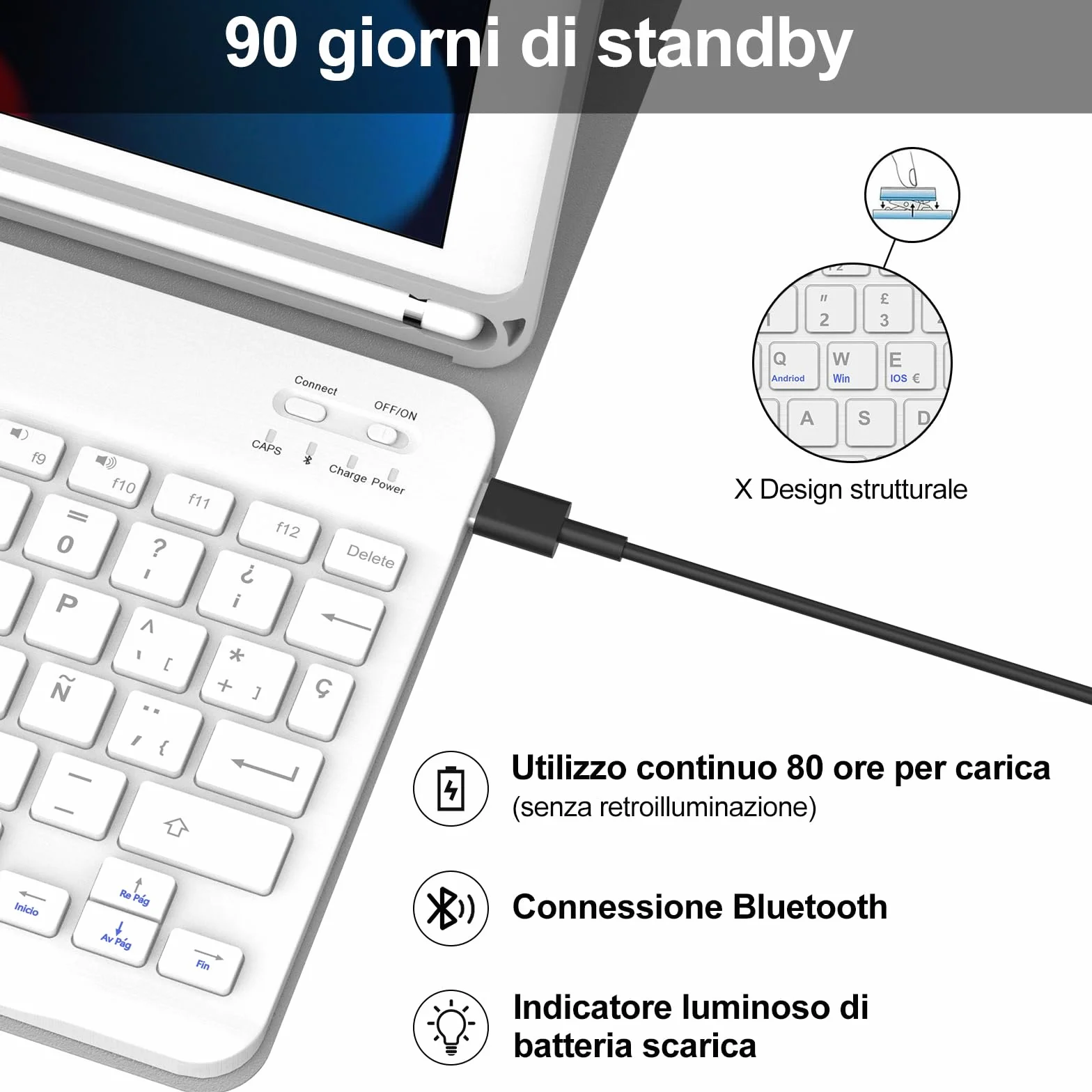 IVEOPPE Custodia Tastiera per iPad 9a Gen 2021/8a Gen 2020/7a Generazione 2019 10.2"/iPad Air 3/Pro 10.5 2017, Cover Tastiera Italiana Rimovibile per ipad, Grigio chiaro