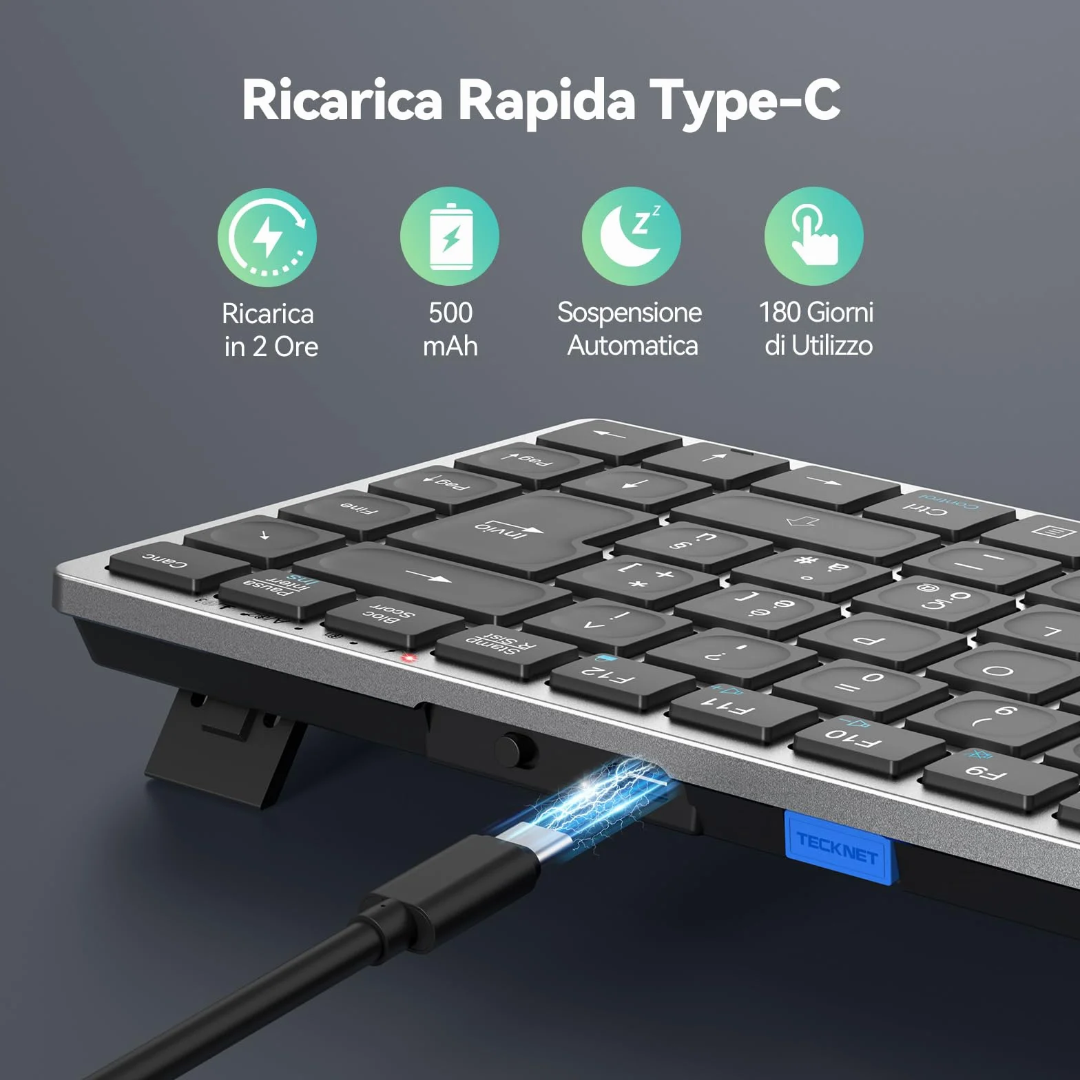 TECKNET Tastiera Bluetooth Ricaricabile, 4-Dispositivo (2.4G USB+3 BT), Mini Tastiera Wireless Italiana, Easy-Switch per Windows, MacOS, iOS, Android, Samsung Tablet, Smart TV, Italiano Layout QWERTY