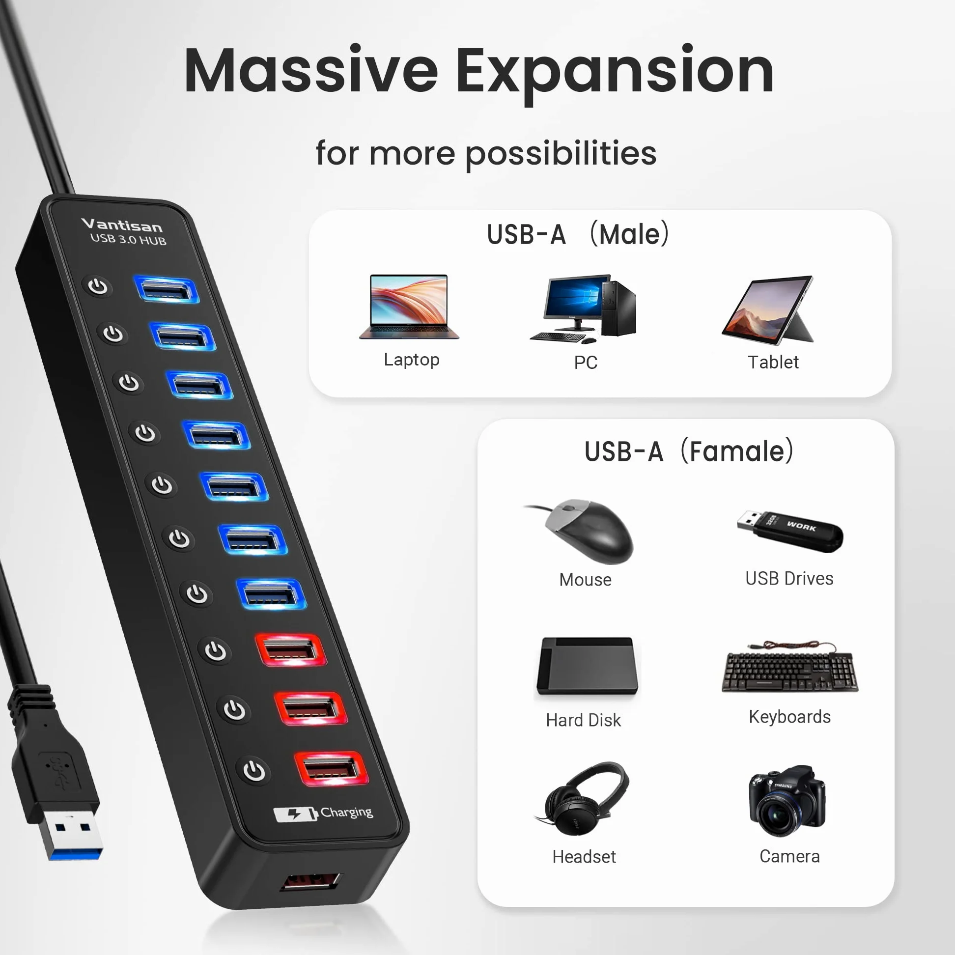 vantisan Hub USB 3.0 alimentato 10 porte