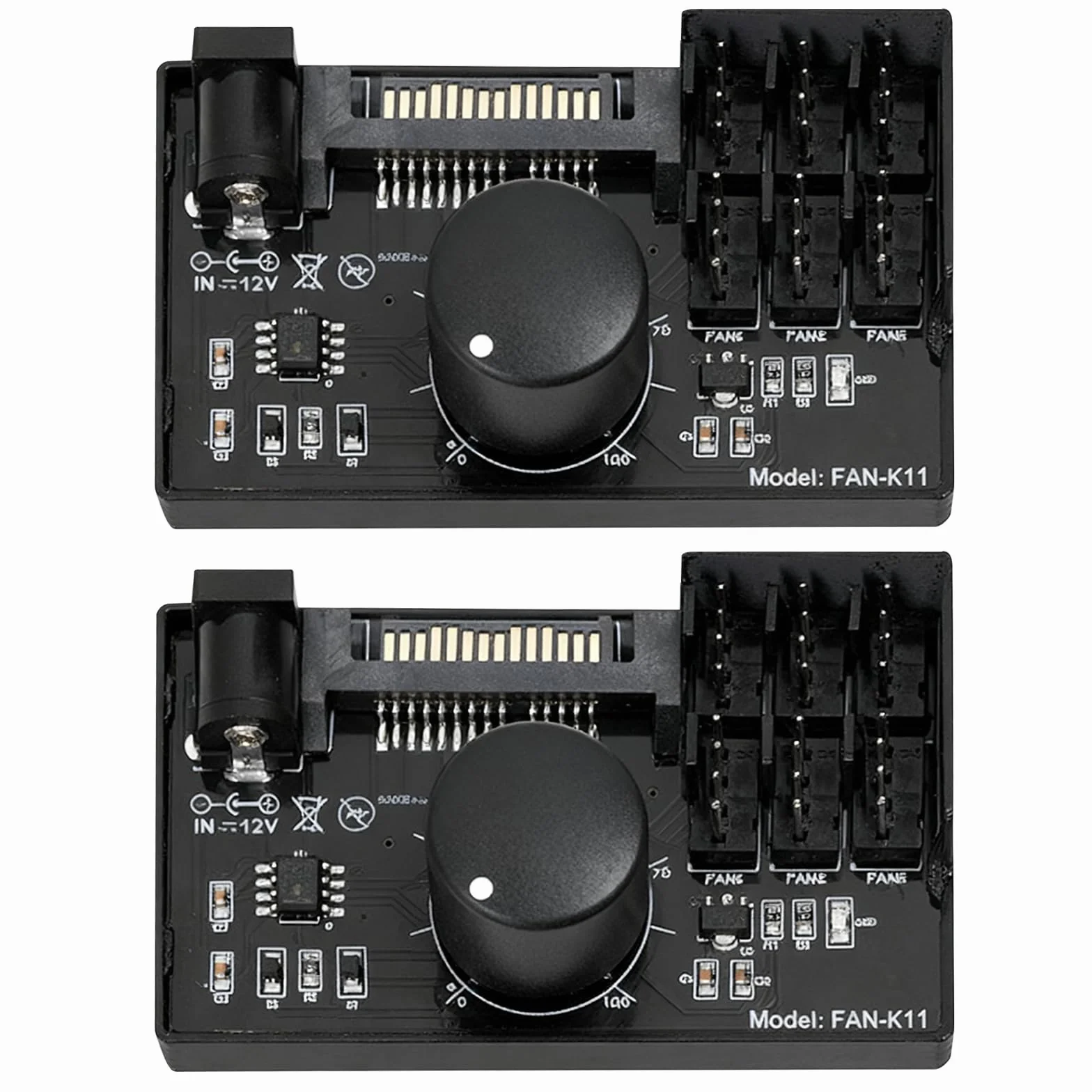 2 controller di velocità della ventola PWM 12 V: 4 poli, hub adattatore ventola per PC con alimentazione tramite SATA e DC 5525, Cooling Fan Speed Knob con uscita massima totale 60 W 5 A