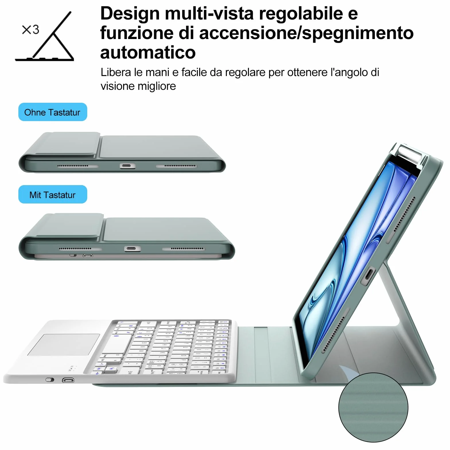 WINCHKING Cover Tastiera per iPad Air 11 M4 2026/M3 2025/M2 2024 con Touchpad, Italiano QWERTY, Custodia con Bluetooth Rimovibile Tastiera per iPad Air 11 Pollici M4/M3/M2, Verde scuro