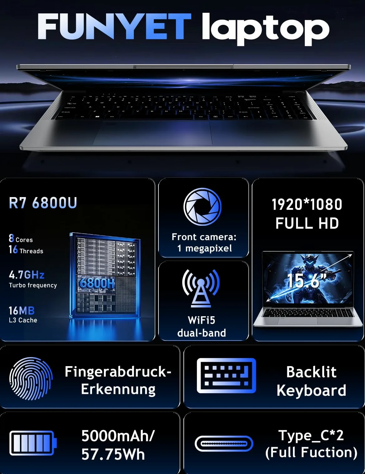 FUNYET Computer Portatile, 2026 Nuovo PC Portatile da 15,6 pollici, 32 GB di RAM, SSD da 1 TB,Laptop R7-6800H, Gaming Laptop IPS FHD 1920*1080 Notebook,Fingerprint scanner,Backlit keyboard, 5000 mAh