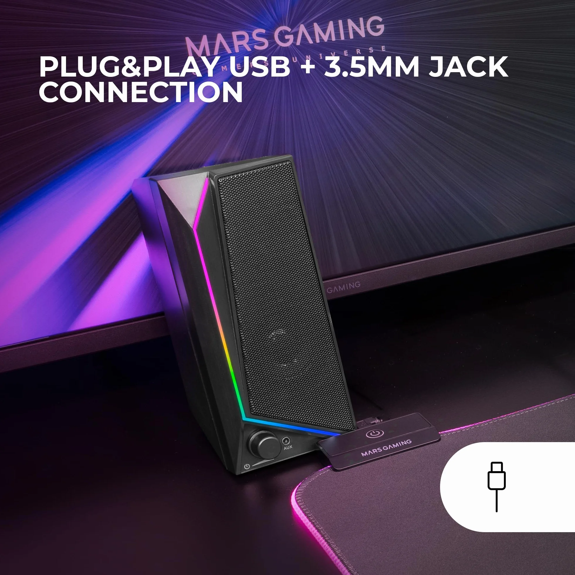 Mars Gaming MS72, Altoparlanti Gaming 15W, Illuminazione RGB Flow, 2 Driver Attivi, Chipset DSP, Connessione Plug&Play USB e Jack 3.5mm, Rotella Controllo Volume e Porta Audio per Cuffie, Nero