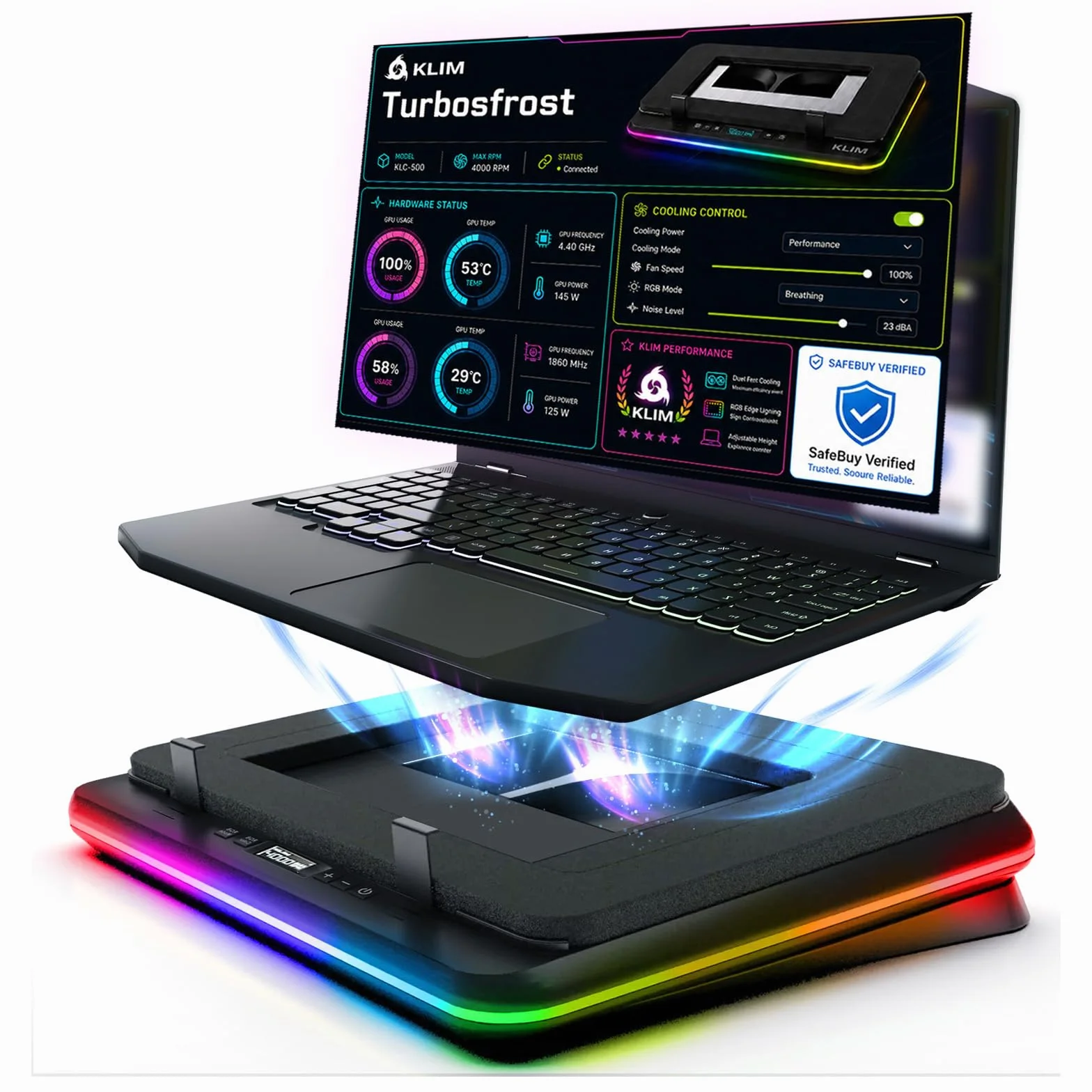 KLIM Turbofrost Base Raffreddamento PC Portatile 4 Turbo Ventole 4000 RPM Ventola USB-C DC RGB 4 Porte USB Schiuma Sigillata Raffreddamento Rapido Fino a 17 Nero
