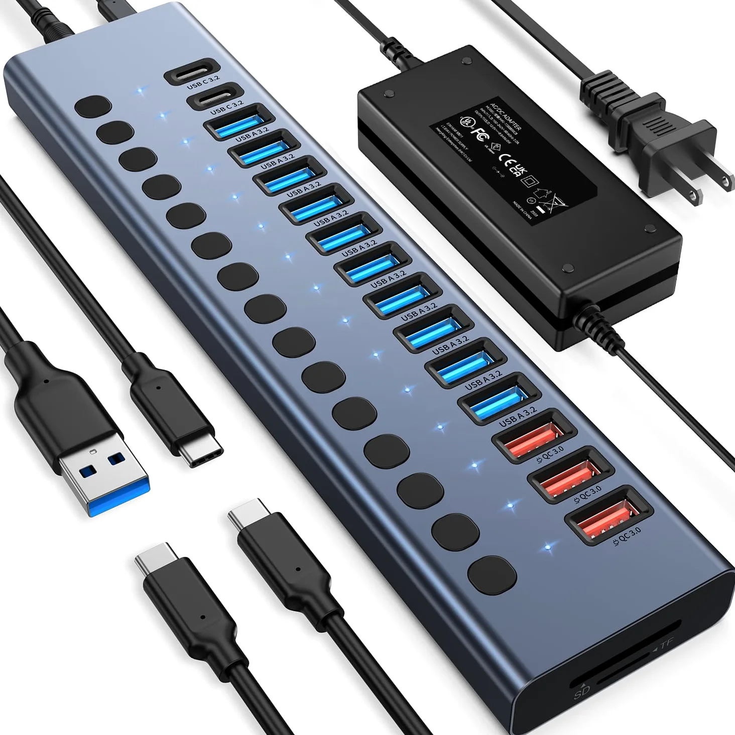 Powered USB Hub, VANGREE 17-Port USB Splitter (7 USB 3.0 Ports+3 2.4A Charging Ports+3 USB 2.0 Ports+2 USB-C 3.0 Ports+SD/TF Card Reader), Individual On/Off Switches, 90W Power Adapter for Laptop, PC