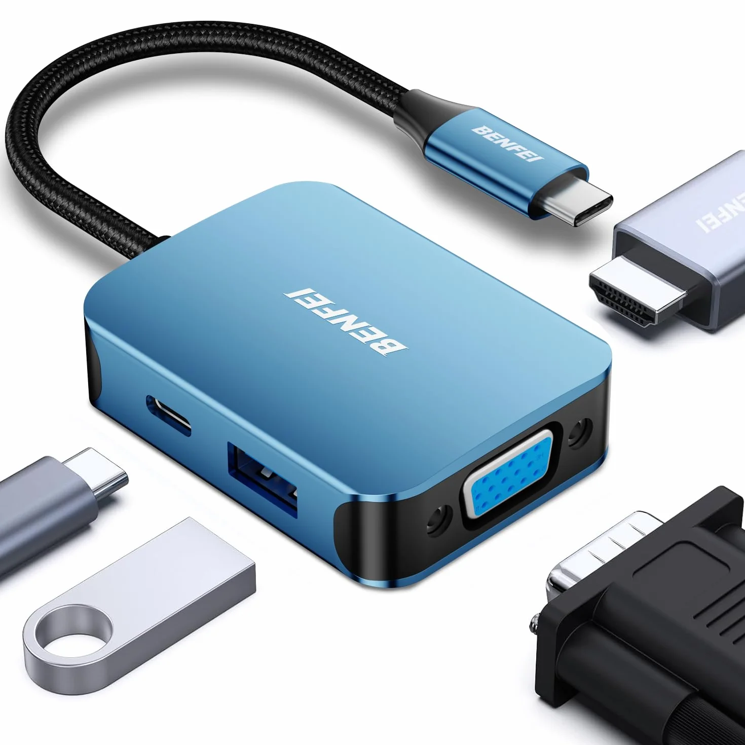 BENFEI HUB USB C 4in1, Multiporta Adattatore USB C con 4K HDMI / 1080P VGA / 5 Gbps USB 3.0 Porta dati/Tipo C 60W Power Delivery, per iPhone 15 Pro/Max MacBook Pro/Air 2023 iPad Pro iMac S23 XPS17