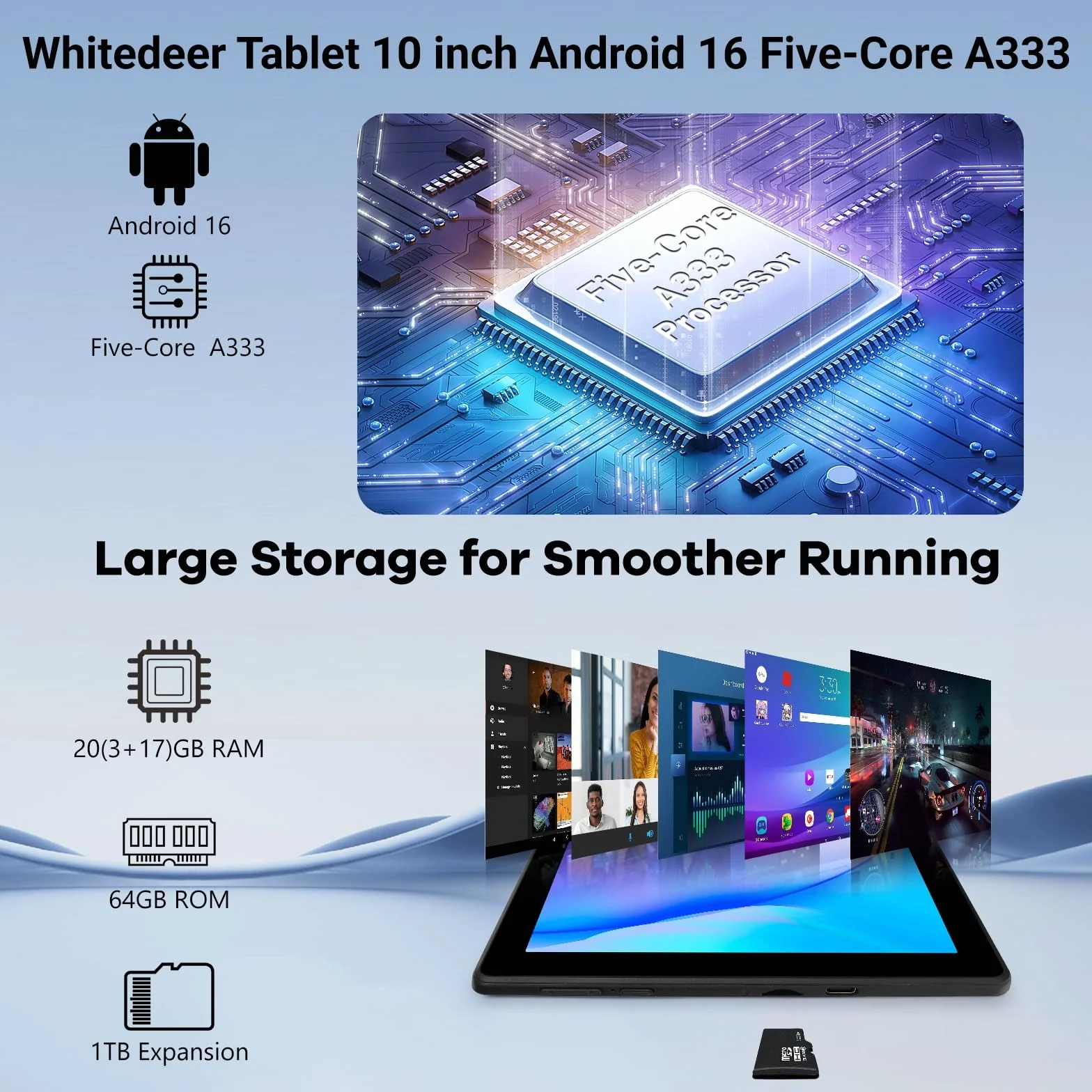Whitedeer Tablet 10 pollici Android 16 20GB+64GB+1TB 1280*800 IPS WiFi 6 BT5.3 6000mAh Widevine L1 Nero