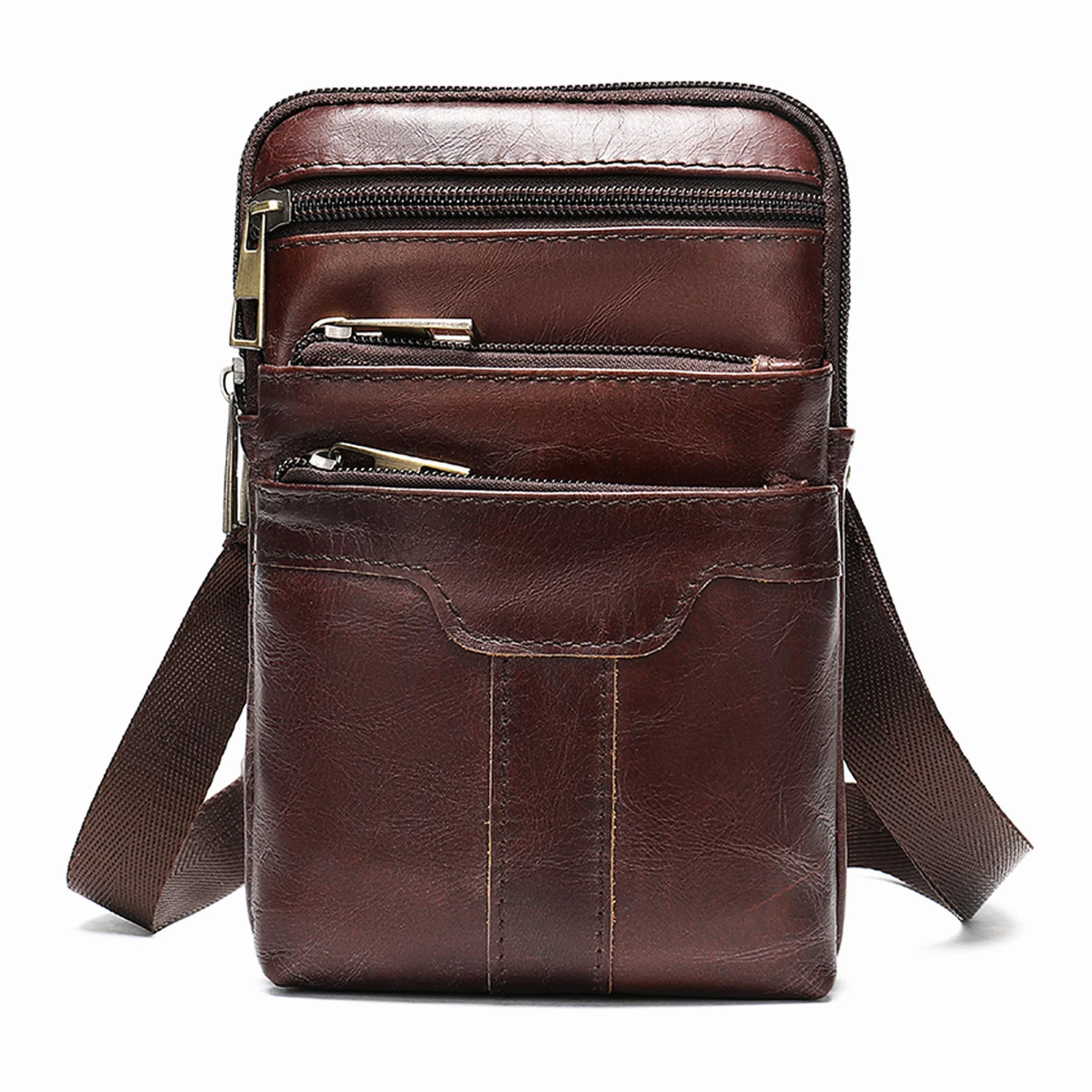 Borsa a tracolla per cellulare da uomo, marsupio in pelle marrone, varie tasche verticali, custodia da cintura per cellulare, custodia da cintura a tracolla, marsupio con