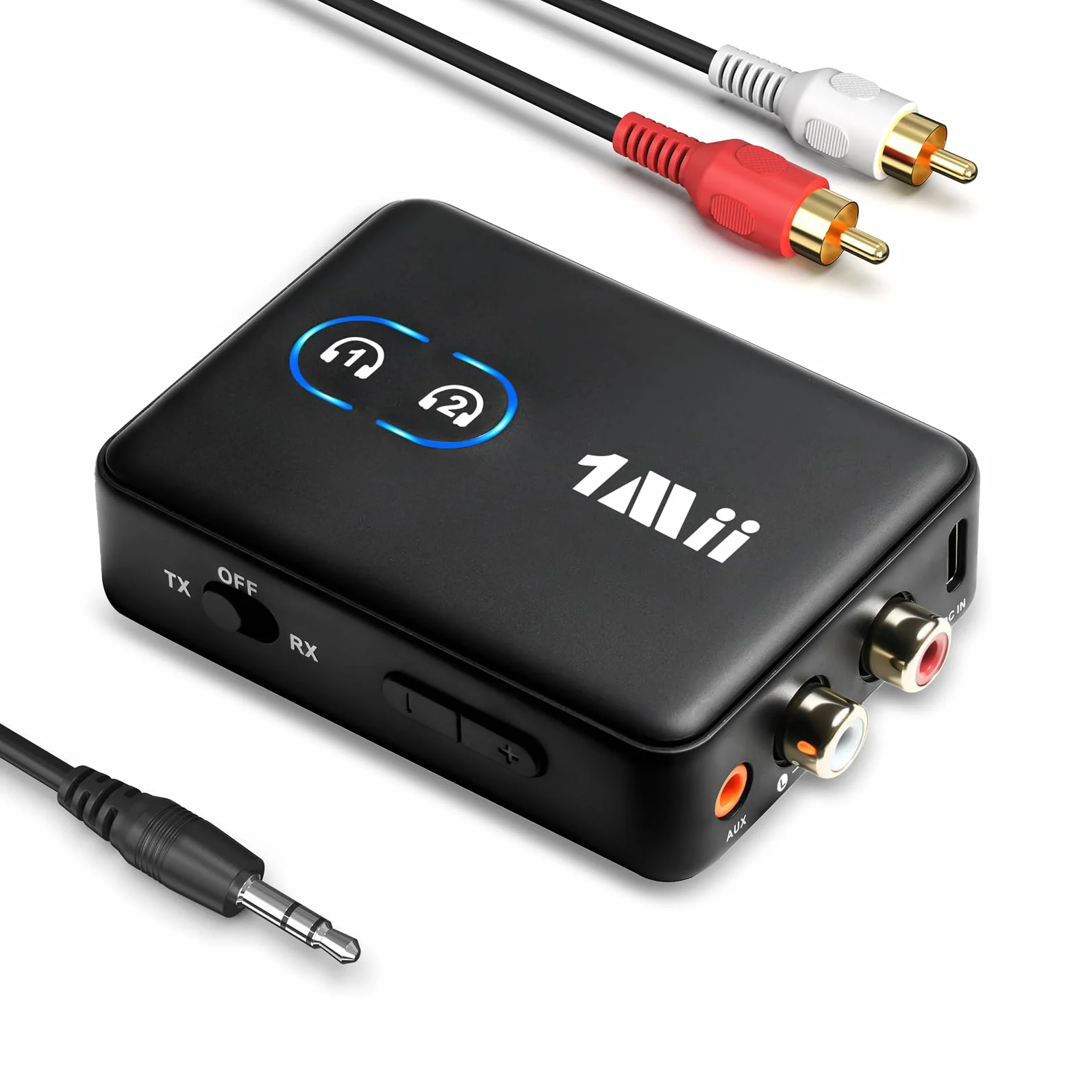 1Mii Trasmettitore Ricevitore Bluetooth 5.3 per TV, Adattatore Audio HiFi con RCA e Jack AUX 3.5mm, aptX Bassa Latenza/HD, Controllo Volume, Dual Link per 2 Cuffie, PC, Stereo