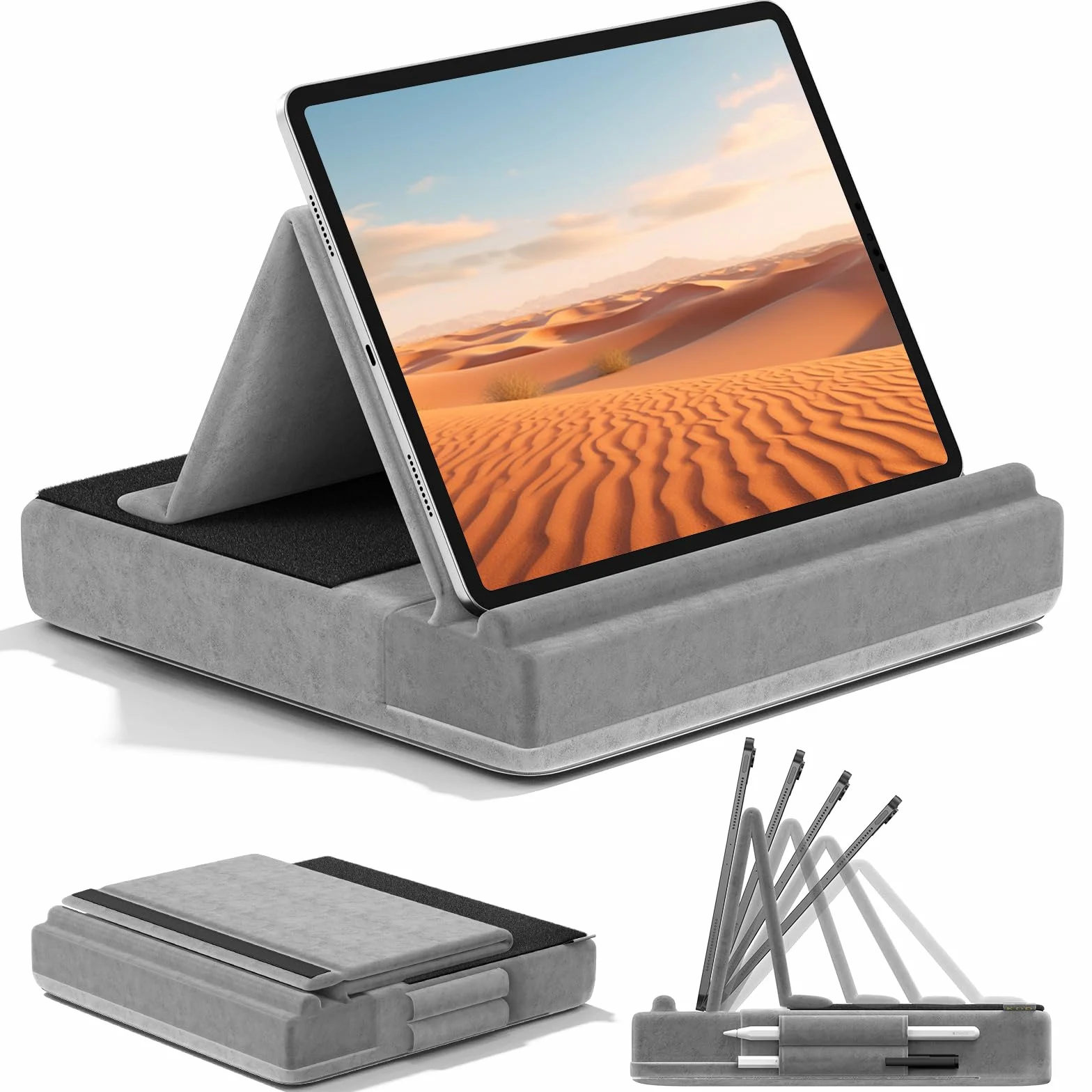 KDD Cuscino Supporto Multiangolare per iPad Tablet con Porta Stilo, Compatibile con iPad Pro 12.9 Mini Telefoni Libri Grigio