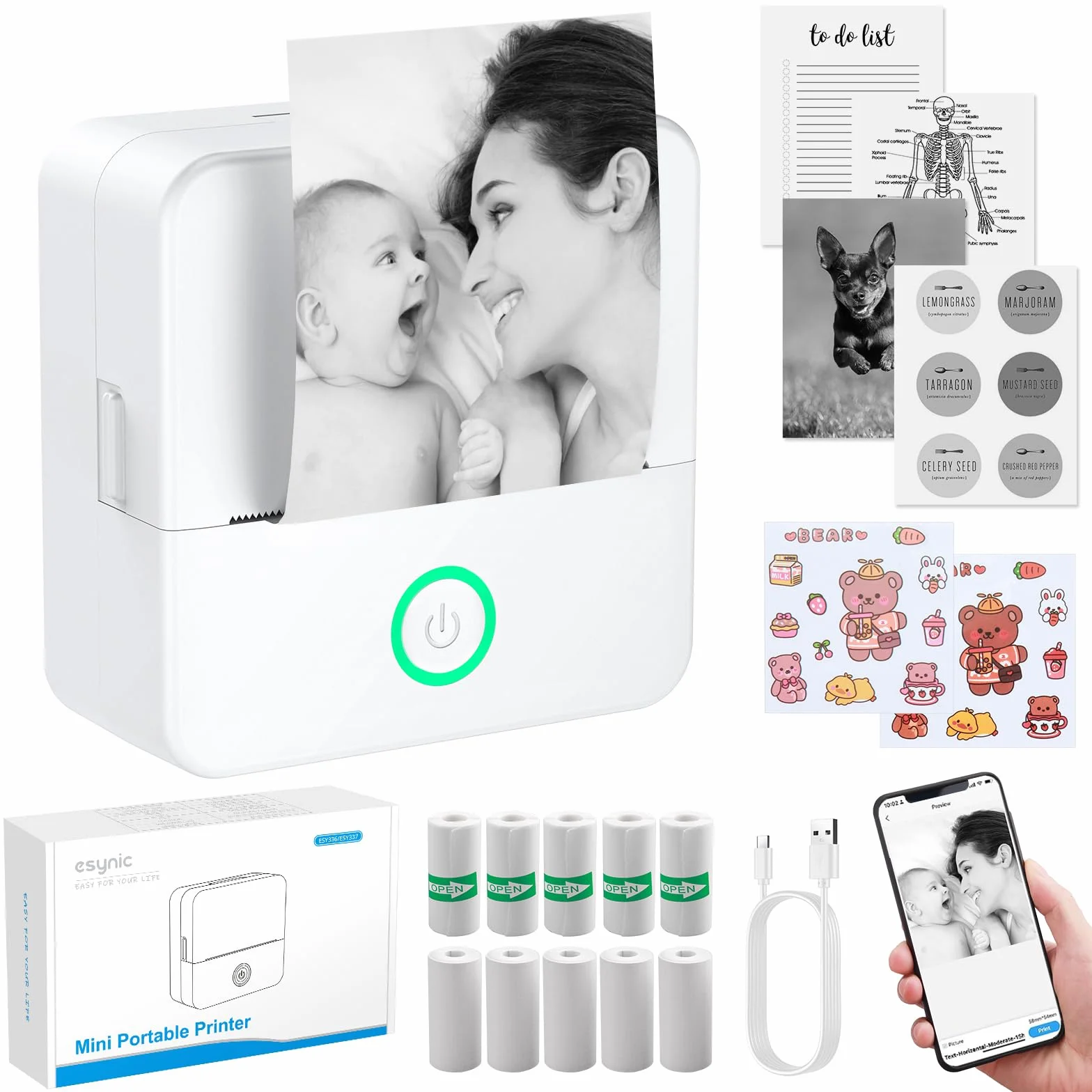 eSynic Stampante Termica Bluetooth Ricarica Type-C Android iOS Foto Bianco e Nero + Carta Termica Adesiva