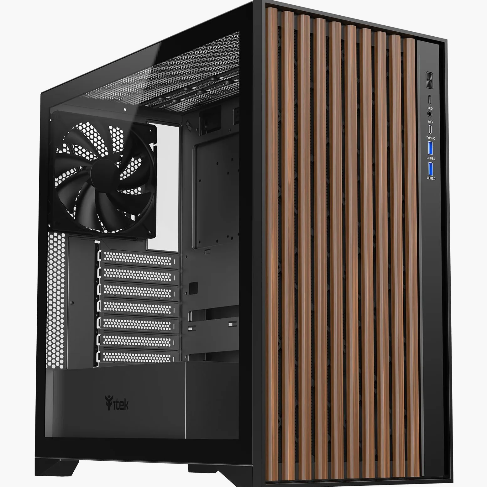 Itek case WOODY - Gaming Tower, ATX, 3x14cm Black fan, 2xUSB3, Type-C, Wood Front, Temp Glass Side Panel