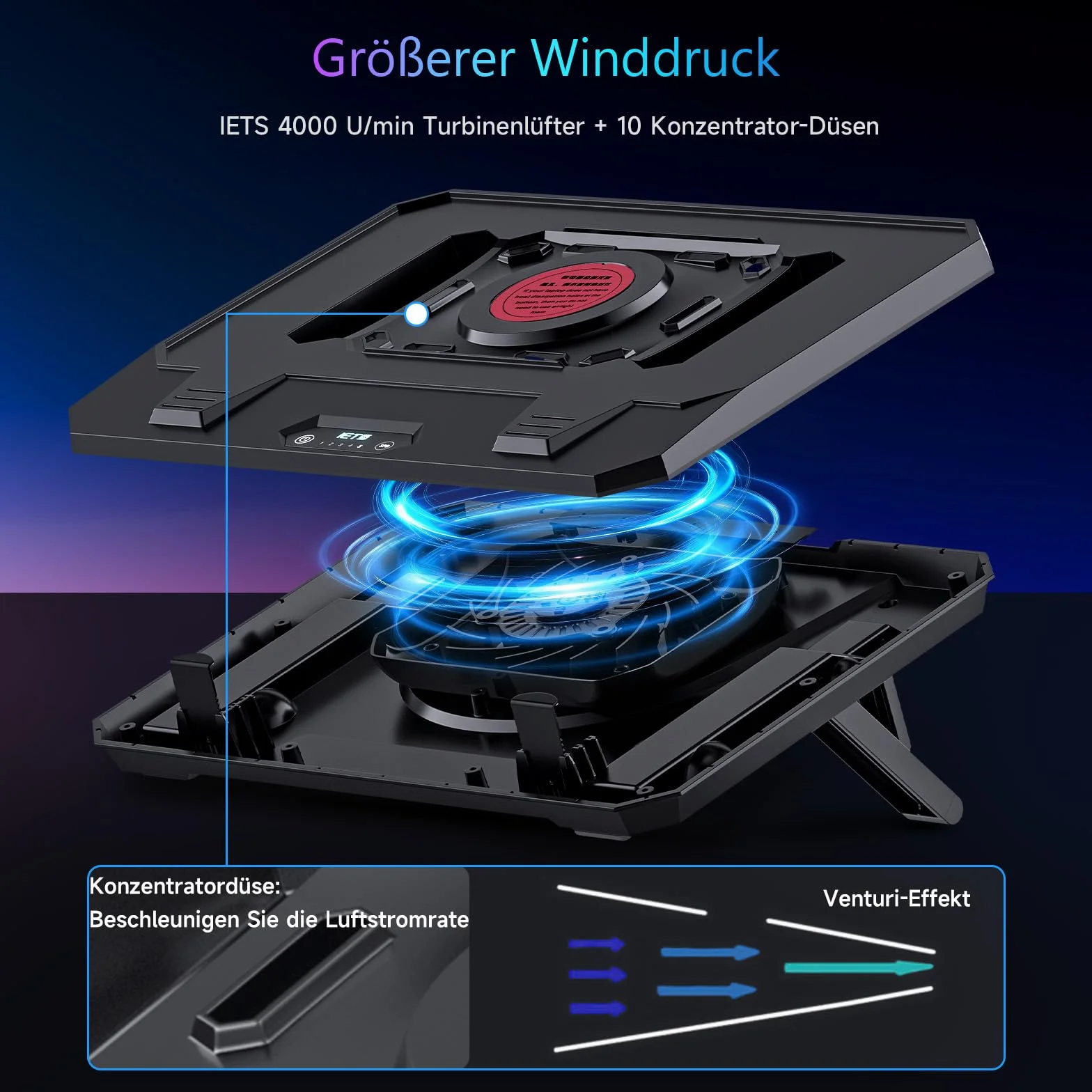 IETS GT300 - Supporto di raffreddamento per laptop migliorato con supporto regolabile, ventola Turbo per raffreddamento rapido, per laptop da gioco da 10-17 pollici, guarnizione flessibile, con