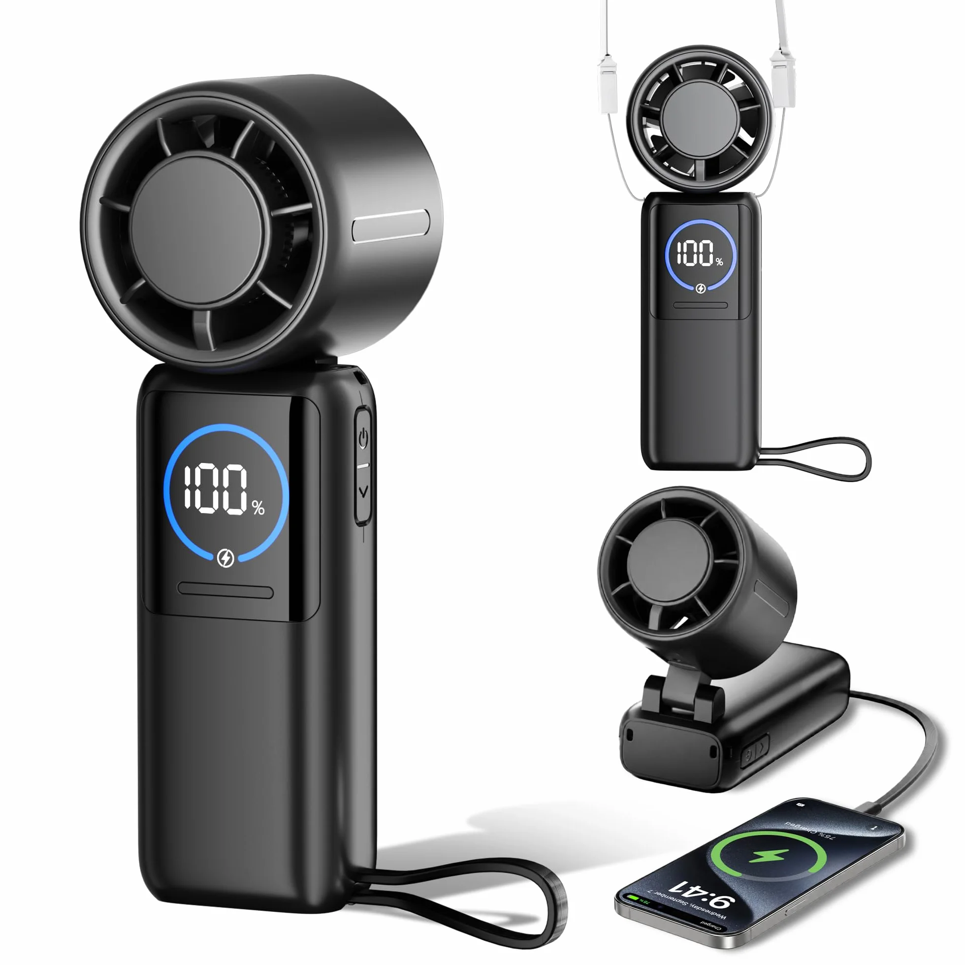 Ventilatore Portatile, 100 Velocità Ventilatore USB Ricaricabile di 15000mAh Batteria Autonomia 50h, Raffreddamento Turbo 15m/s, Pieghevole 4in1 Ventilatore da Tavolo e Collo per Esterni, Viaggi, Casa