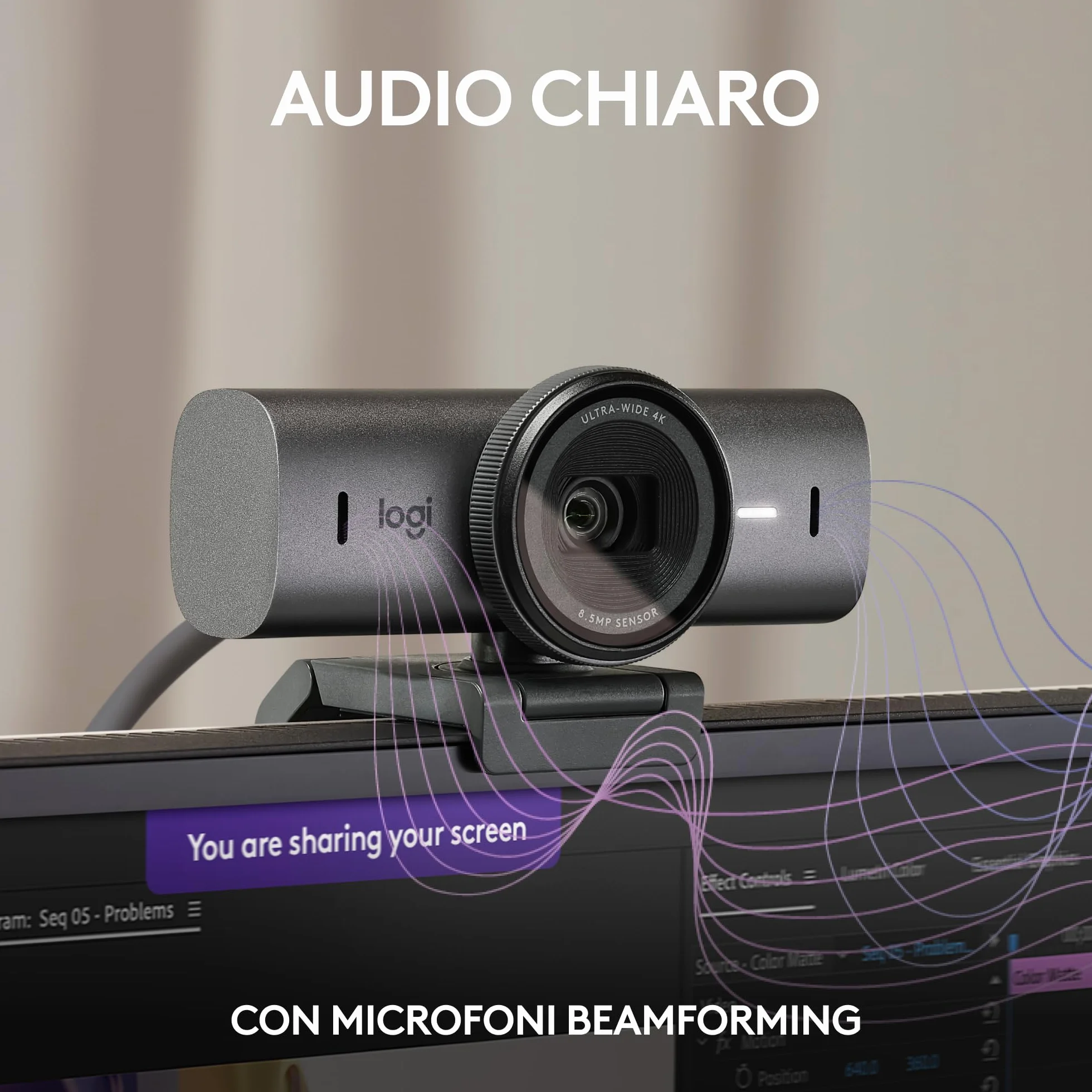 Logitech MX Brio per collaborazione e streaming Ultra HD 4K, 1080p a 60 FPS, due microfoni con riduzione del rumore, Show Mode, USB-C, copertura webcam, Microsoft Teams, Zoom, Google Meet, Grafite