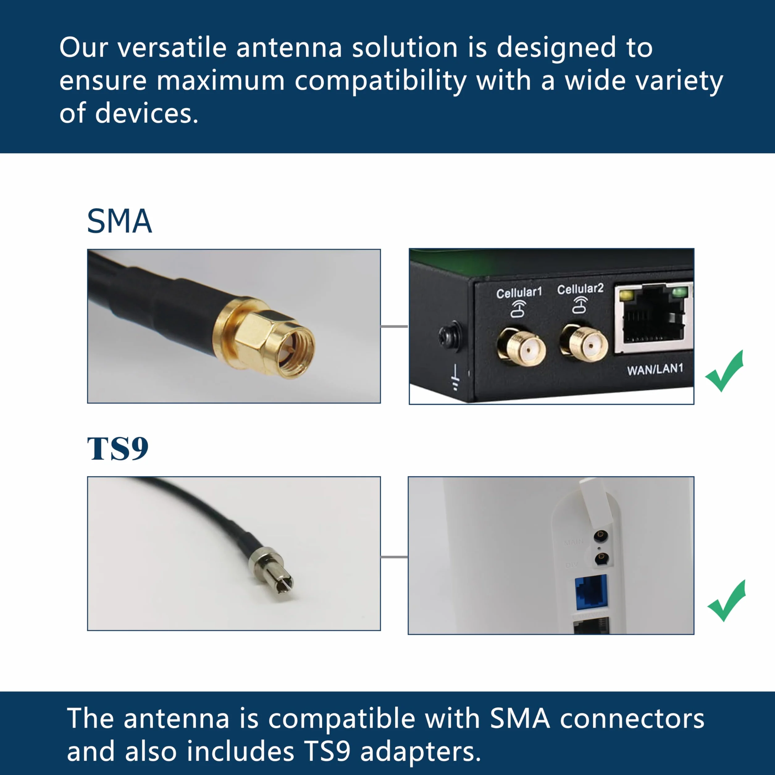 MIMO Antenne Doppia Polarizzazione 4G 5G LTE Esterna 698-3800Mhz 8dBi Cavo coassiale doppio da 10 m a bassa perdita compatibile con router/modem/hotspot con porte esterne SMA/TS9