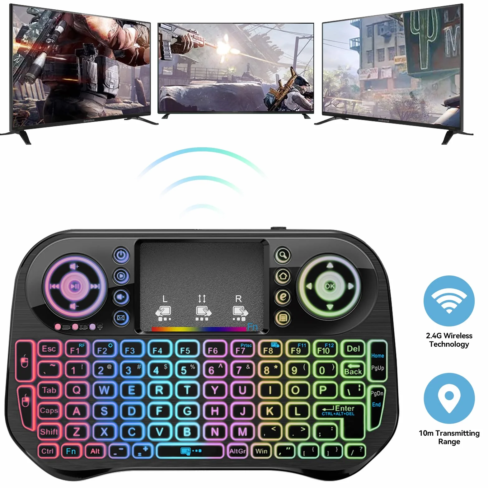 LONGYI i10 Mini Tastiera Wireless, Smart TV Tastiera Mini Wireless Retroilluminata con Mouse Touchpad, Bluetooth e 2.4GHz USB Keyboard per Android TV Box/HTPC/PC/Pad/Notebook/Projector