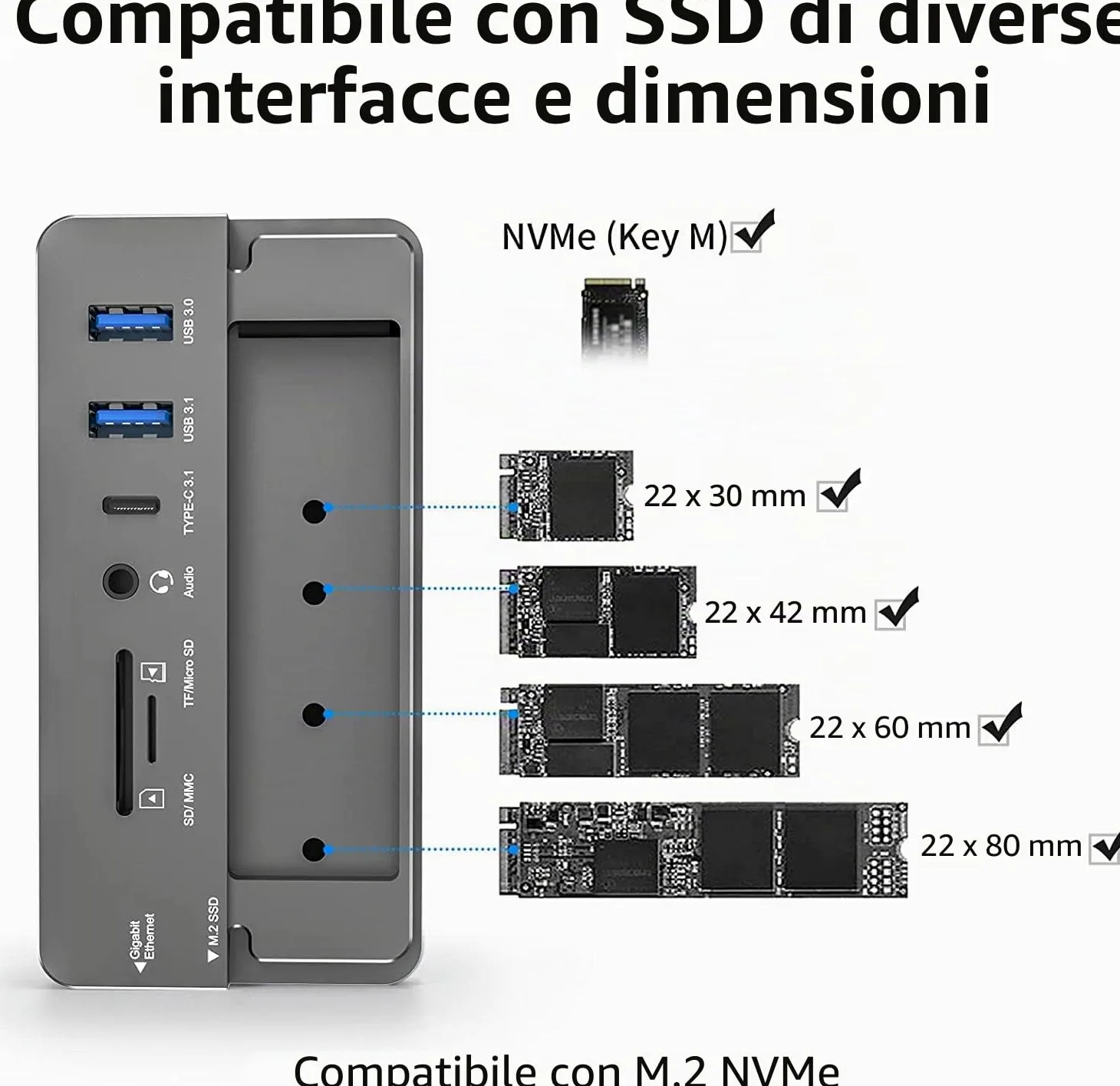 Hub USB-C con Custodia per Disco Rigido, Adattatore hub USB C 10 in 1 con Custodia per Disco Rigido Esterno SSD M.2, HDMI 4K, USB 3.0, Lettore di Schede SD/TF Compatibile con Laptop, IPad (Grigio)