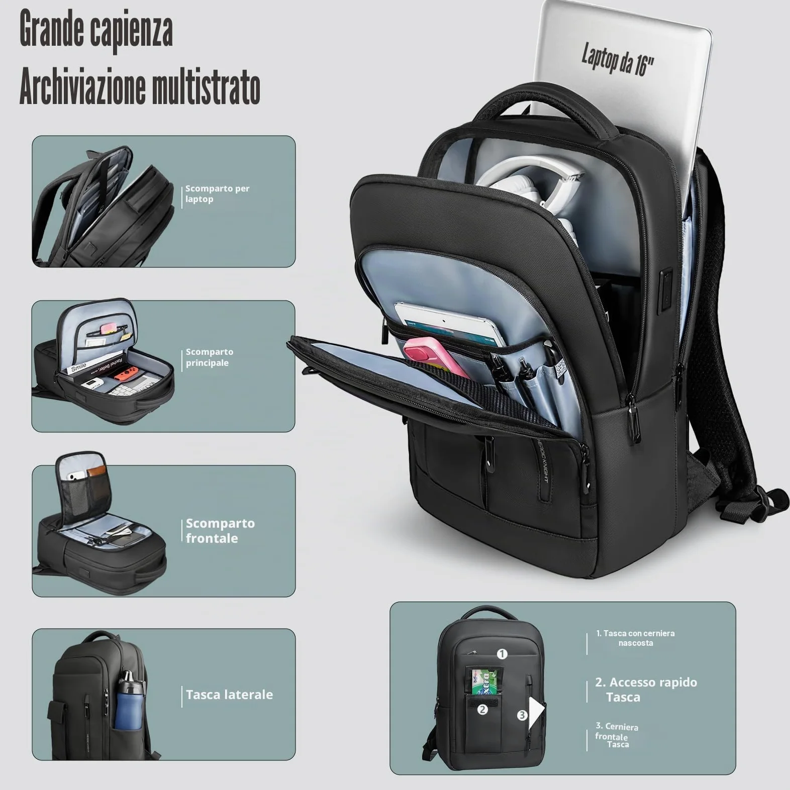 Zaino Uomo per Laptop Computer Zaino da Lavoro da 16 pollici con Porta di ricarica USB Zaino Porta PC da Viaggio Leggero Resistente all'acqua e Antifurto per Ufficio Lavoro Università Scuola-Nero