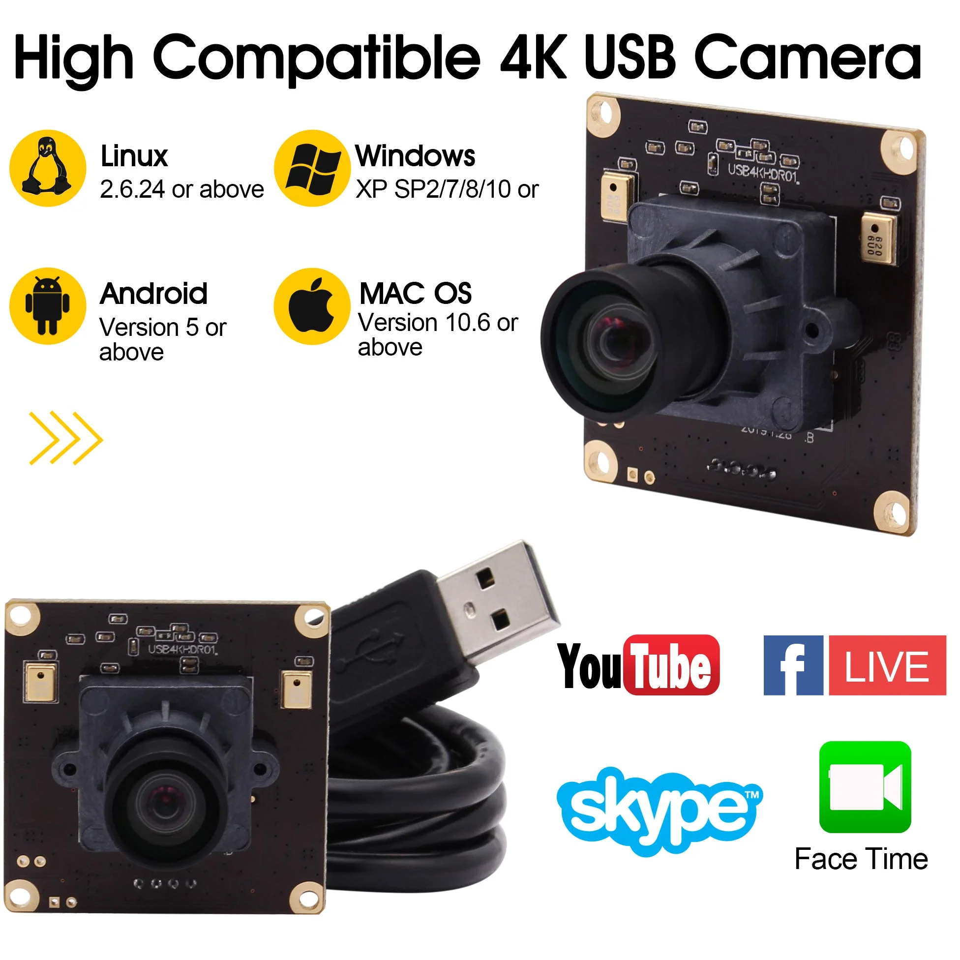 G Modulo fotocamera USB 4K, modulo webcam 2160p, modulo grandangolare UHD 30 fps, 100 gradi, senza distorsioni USB con fotocamera, video desktop, computer, scheda di memoria per Windows, Android, Mac,