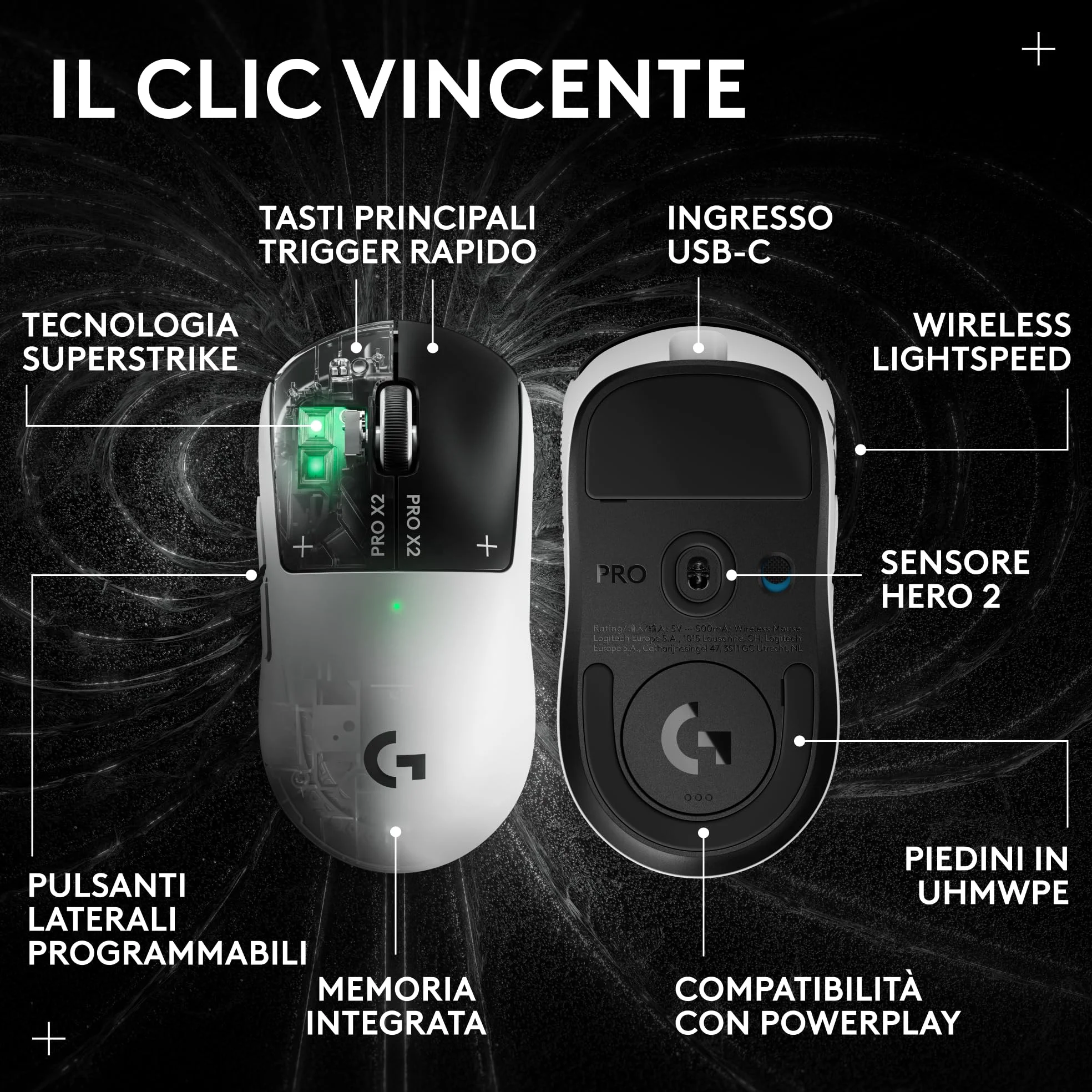 Logitech G PRO X2 SUPERSTRIKE LIGHTSPEED,mouse gaming wireless LIGHTSPEED, prestazioni veloci,leggero(61 g),feedback tattile del clic personalizzabile, ricarica USB-C,PC/Mac, German packaging - Bianco
