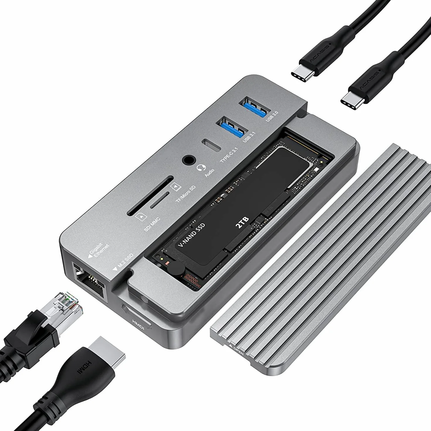 Hub USB-C con Custodia per Disco Rigido, Adattatore hub USB C 10 in 1 con Custodia per Disco Rigido Esterno SSD M.2, HDMI 4K, USB 3.0, Lettore di Schede SD/TF Compatibile con Laptop, IPad (Grigio)