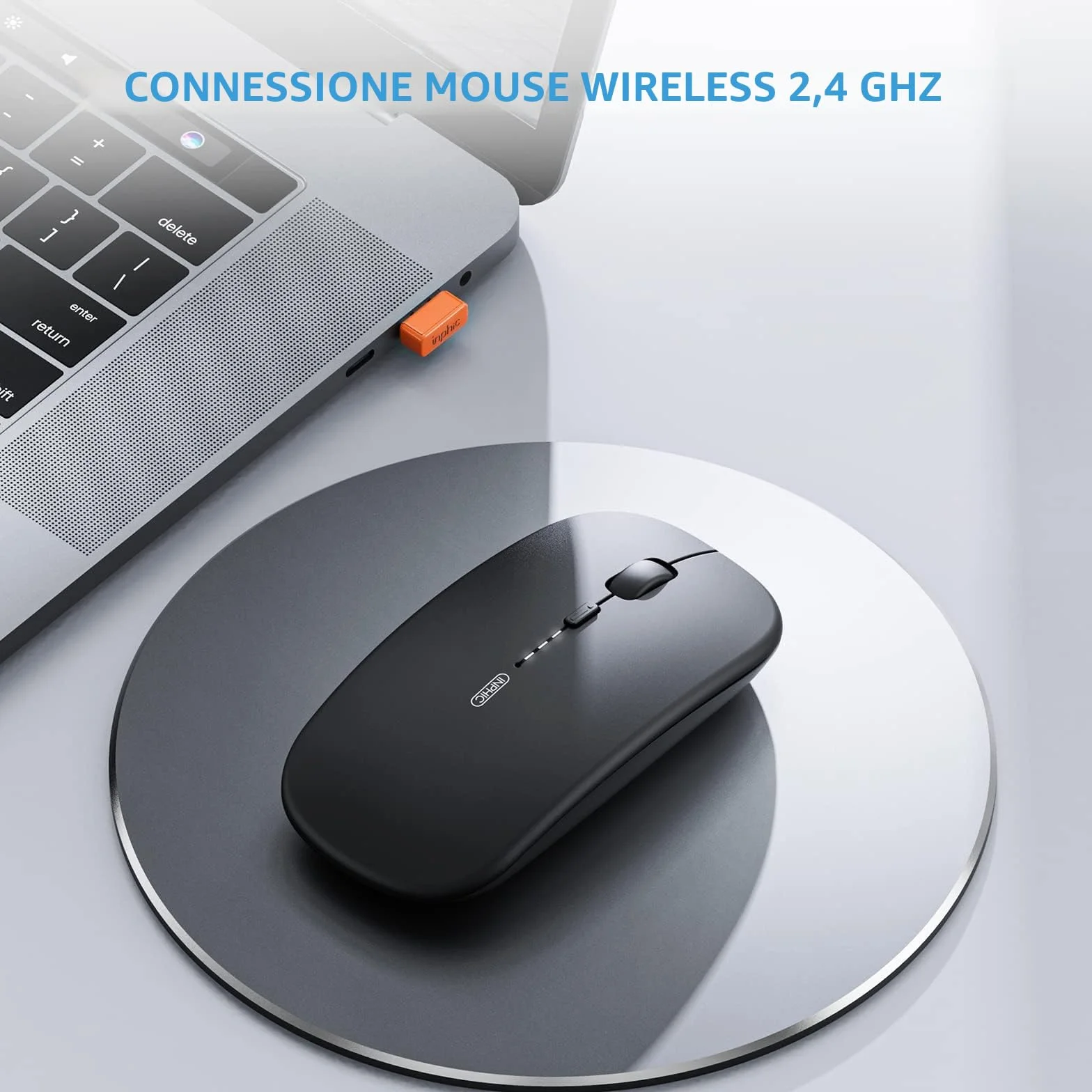 INPHIC Mouse wireless ricaricabile, ultra sottile 2.4G silenzioso mouse senza fili ottico 1600 DPI con ricevitore USB per laptop, MacBook, PC, Windows, ufficio, carica batteria visibile, nero