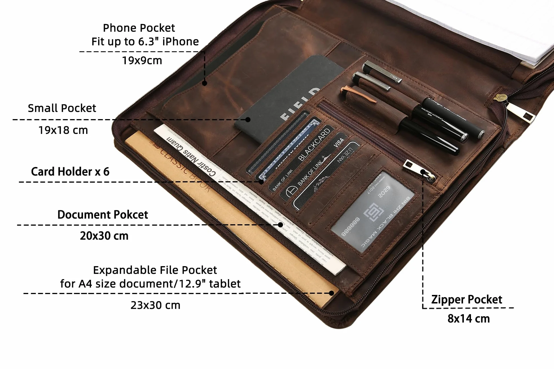 Portadocumenti fatto a mano in vera pelle per iPad/documenti, business padfolio con porta blocco note in pelle A4, cartella compatta in pelle per conferenze per uomini e donne, cachi scuro